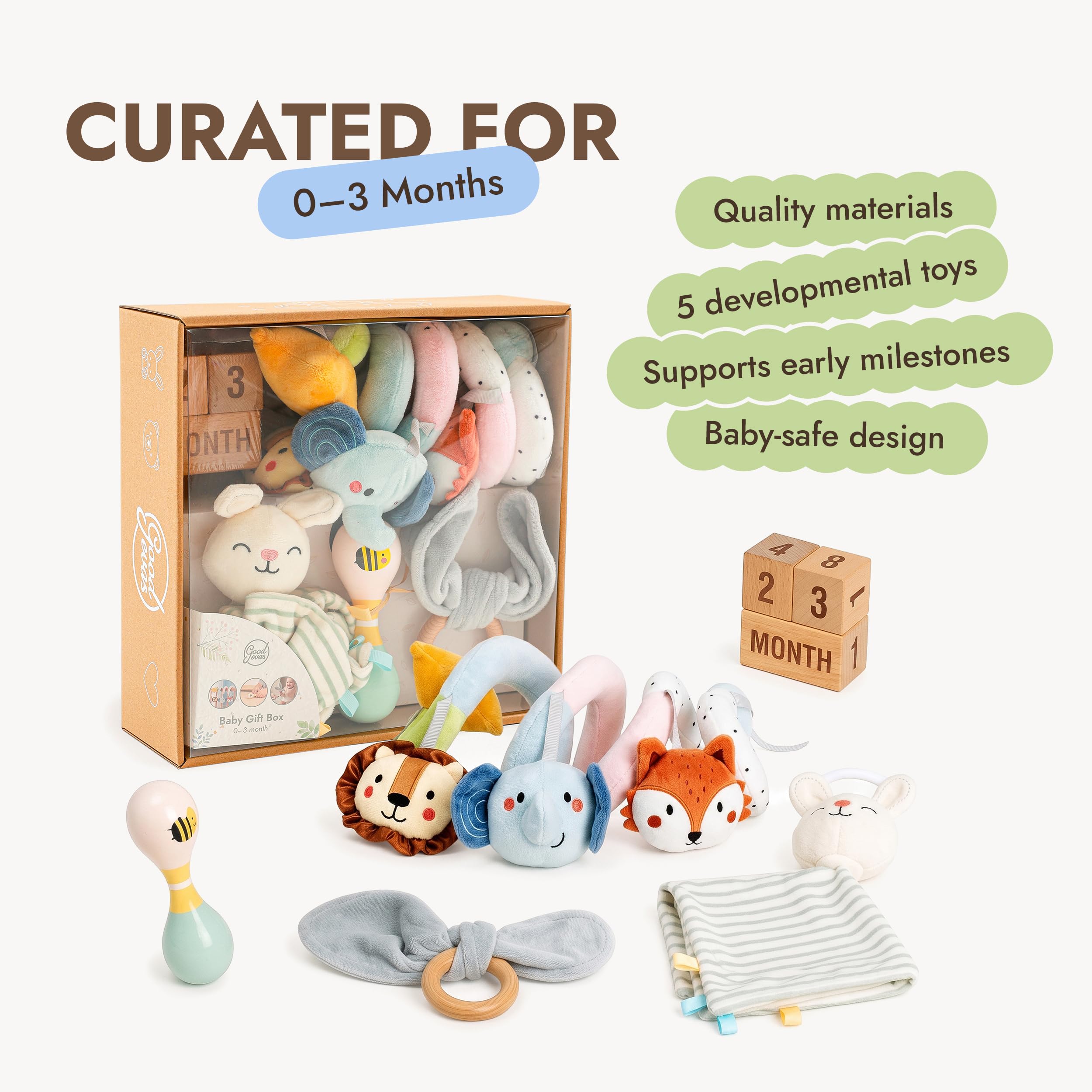 Goodevas Confezione regalo per bambini da 0 a 3 mesi, regalo di nascita per ragazzi e ragazze, regalo per neonati, set regalo ispirato al Montessori