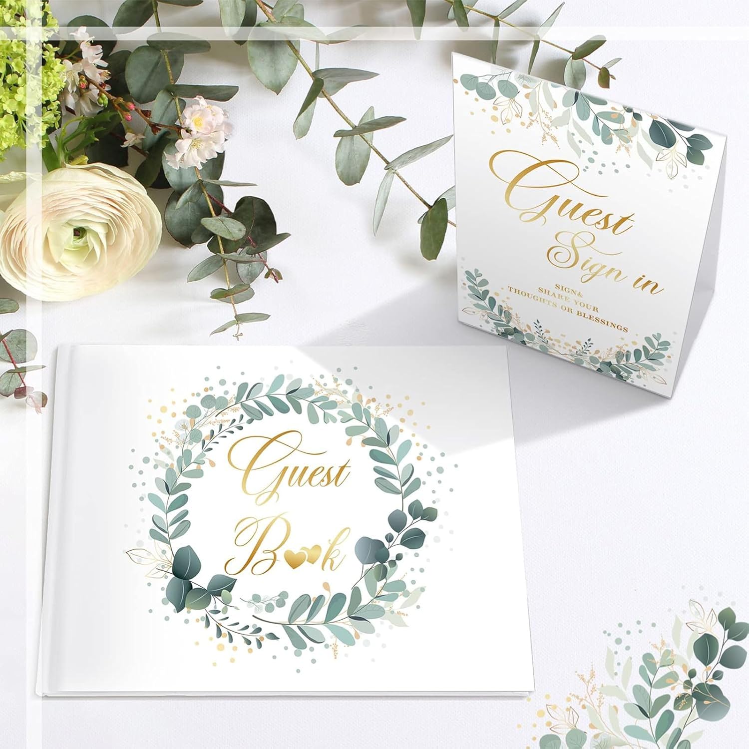 Wedding Guest Book Set with Pen, Table Sign and Dot Glue, 4-in-1 Guest Book for Wedding Reception, Hardcover Sign-in Book for Guests, Anniversary & Party Decor
