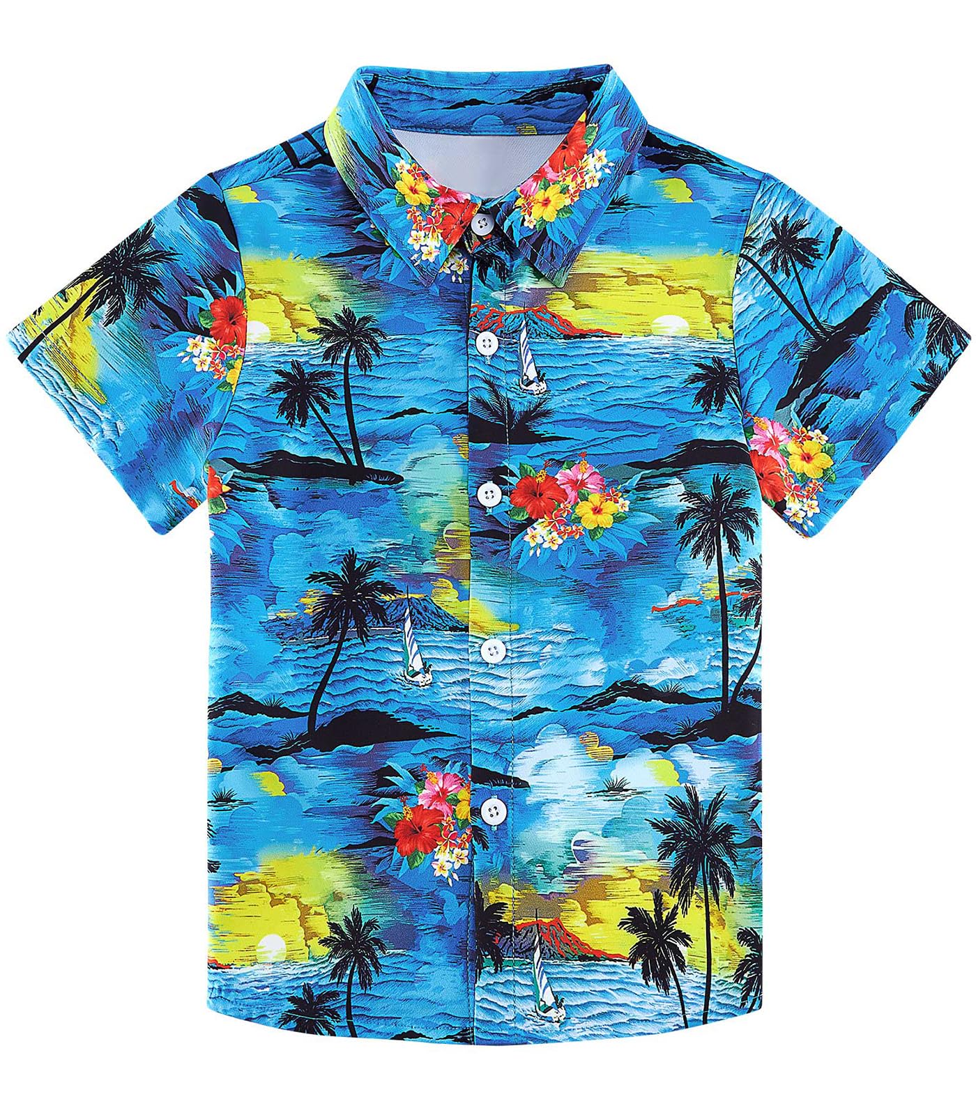 RAISEVERN Boys Button Down Shirts Hawaiian Cartoon Print Slim-Fit Short Sleeve Cool Dress Shirt Cute Top for Kids(2-10T)