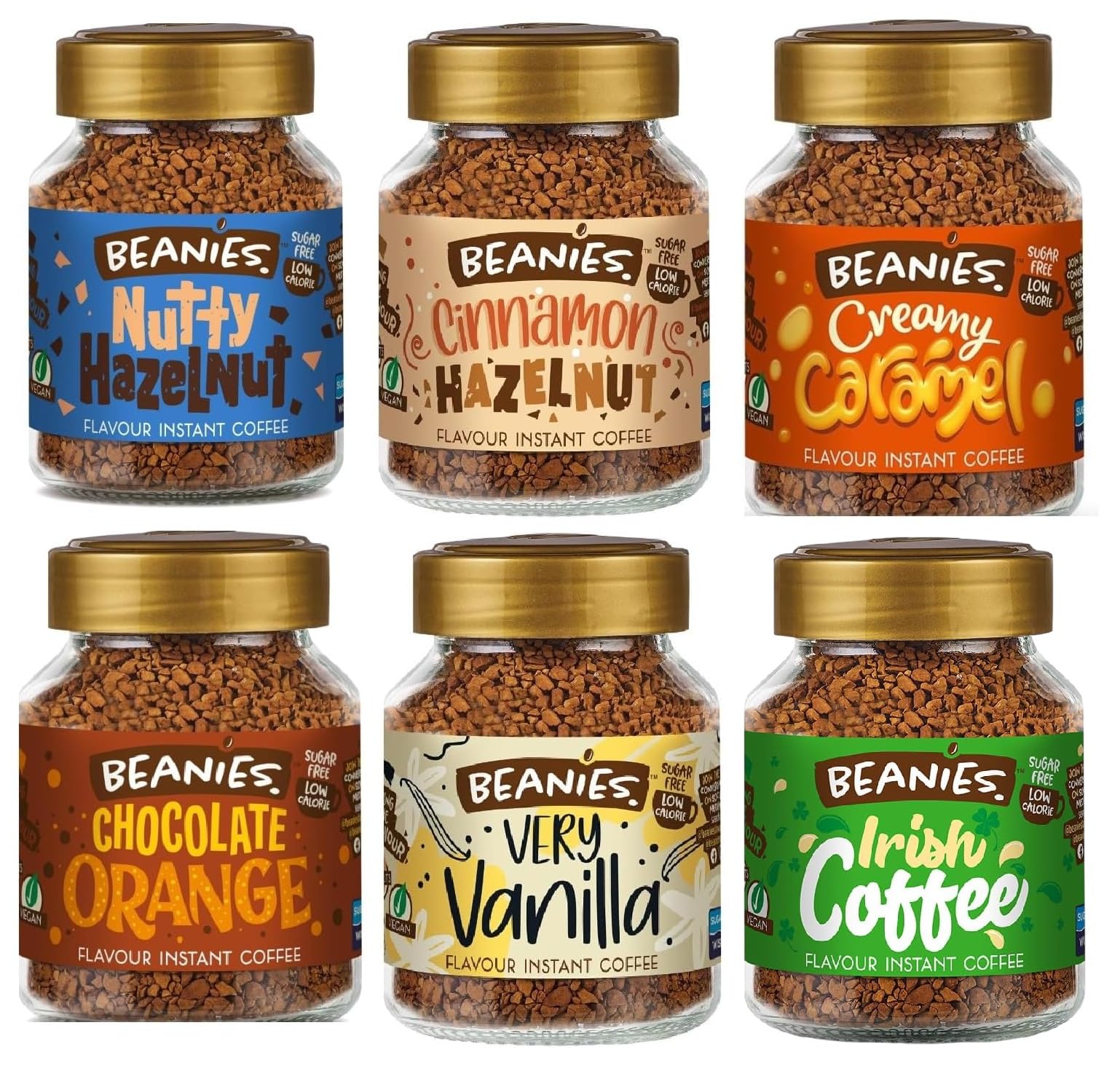 Beanies Flavoured Instant Coffee Variety Pack - 6 x 50g jars - Chocolate Orange, Irish Coffee, Nutty Hazelnut, Creamy Caramel, Cinnamon Hazelnut, Vanilla.