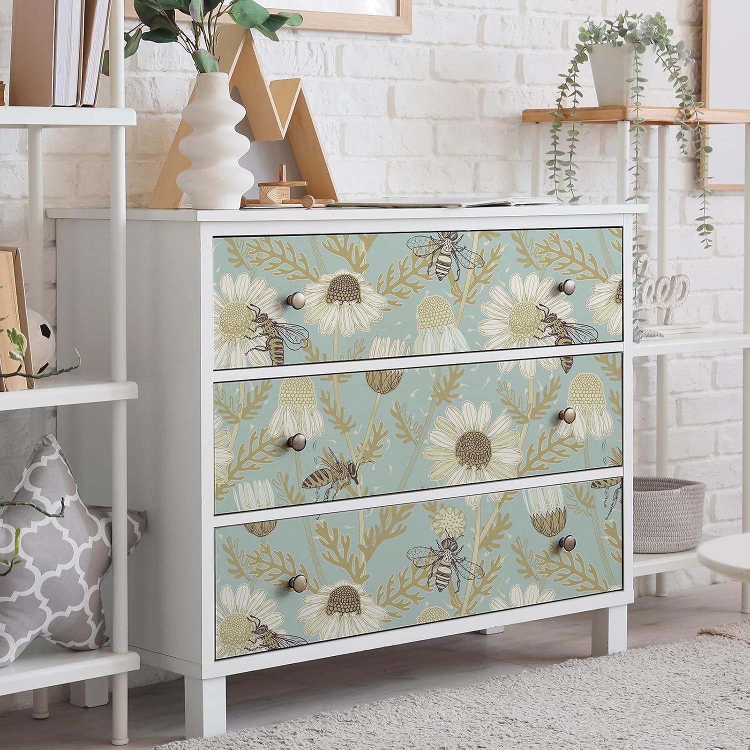 VaryStyle 17.7"x393" Bee Floral Wallpaper Blue/Yellow Daisy Flower Nature Peel and Stick Wallpaper Floral Contact Paper for Cabinets Drawers Renter Friendly Waterproof Vinyl Roll for Nursery Kitchen