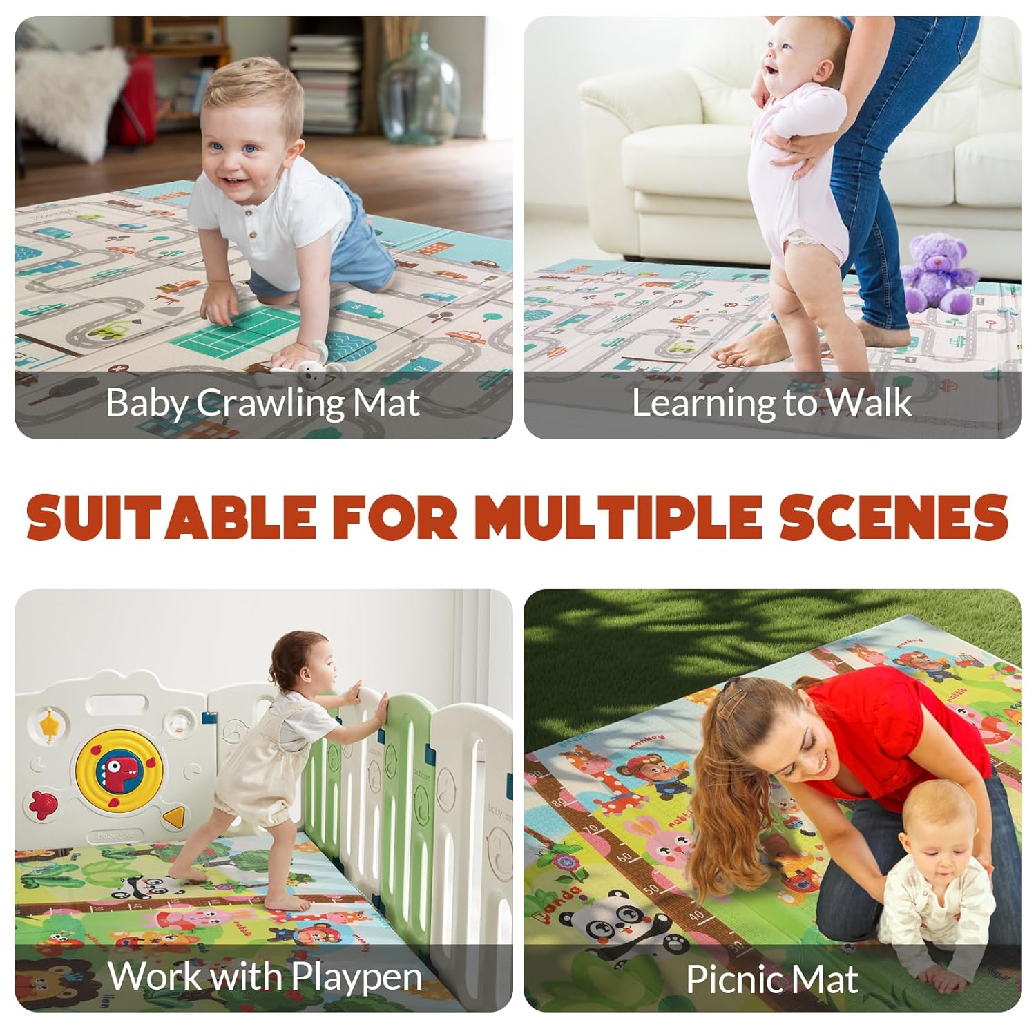Mergren Foldable Baby Playmat 79"x51"x0.4", Reversible, Double-Sided Crawling Foam Mat for Infants and Toddlers - BPA-Free, Non-Toxic, Anti-Slip,Portable Folding - Indoor and Outdoor Use