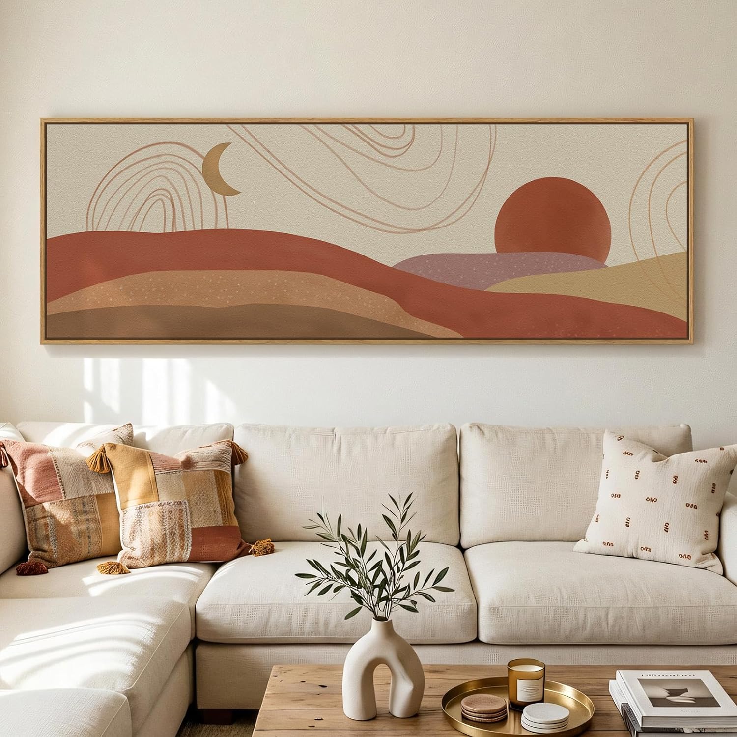 Framed Long Narrow Horizontal Boho Wall Art for Living Room, Bohemian Mid Century Modern Canvas Artwork for Walls,Earthy Sun Moon Desert Painting Print for Bedroom Hallway Wall Decor, 20x60 Inch