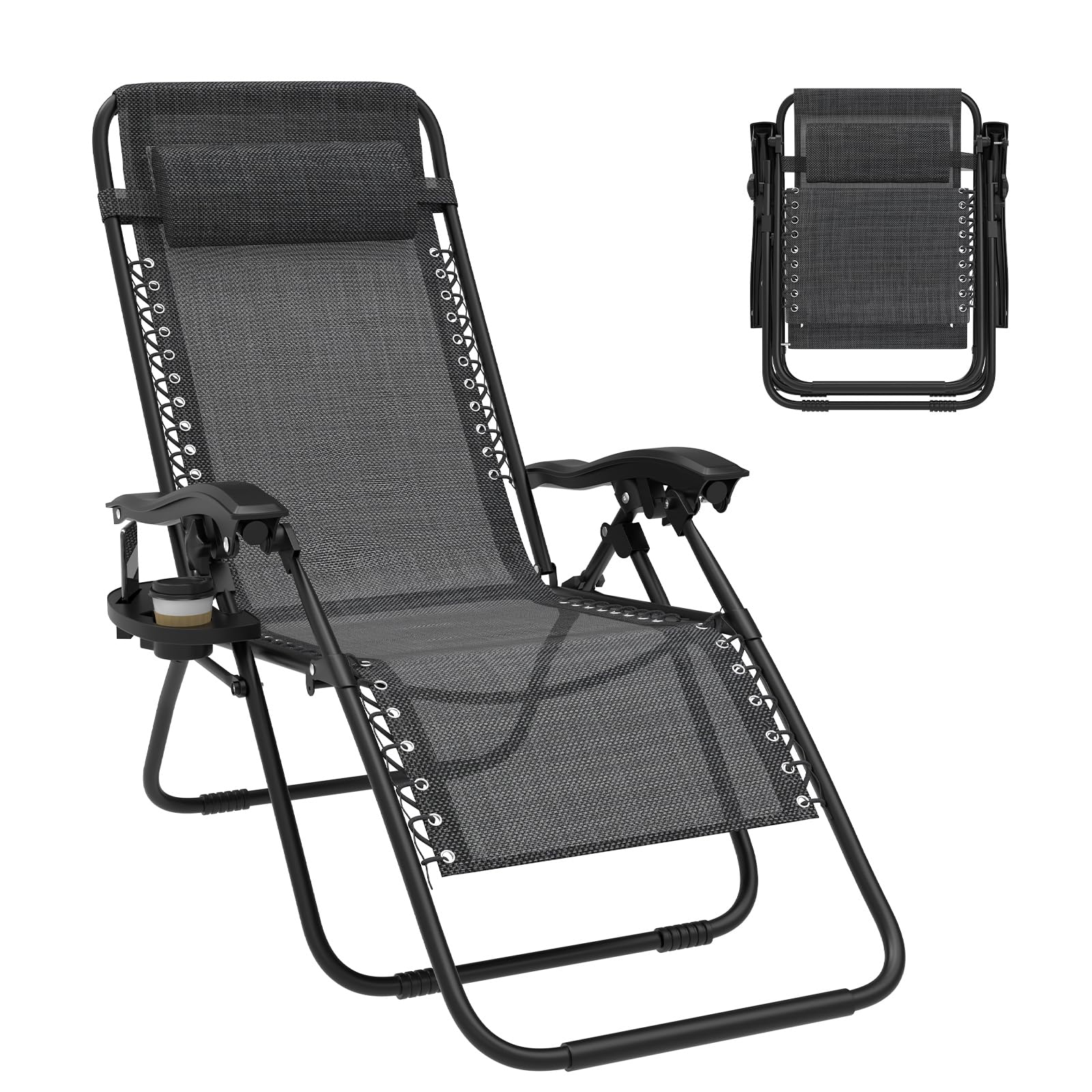 Chaise Longue Pliante，Bain de Soleil，Fauteuil Relax Jardin avec Repose-Tête et Porte-Gobelet,Inclinables，Transat de Plage，Chaise de Camping，Transat de Relaxation pour Patio Jardin Plage，Noir