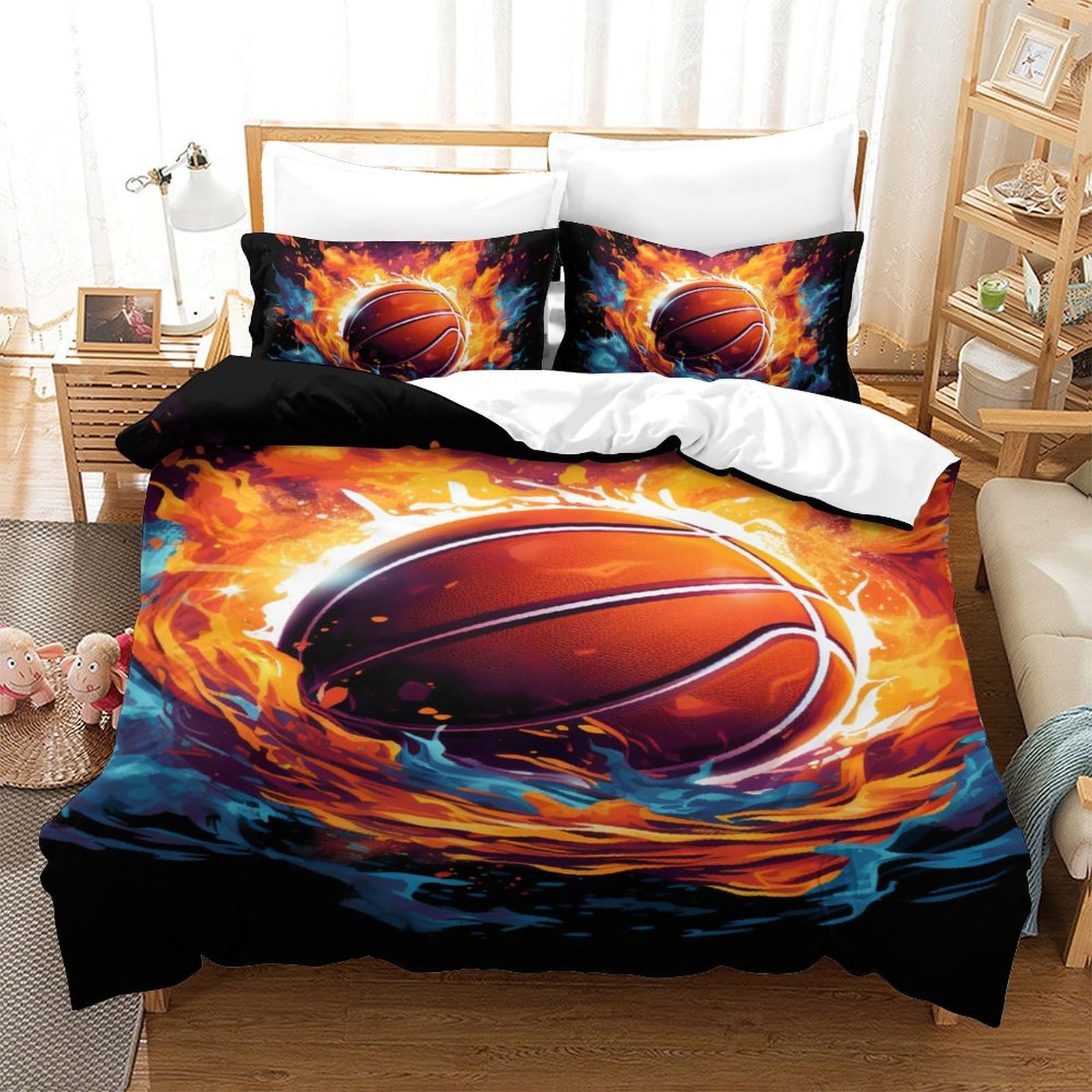 Housse de couette basketball 140x200 anti-plis douce pour lit enfant avec zip