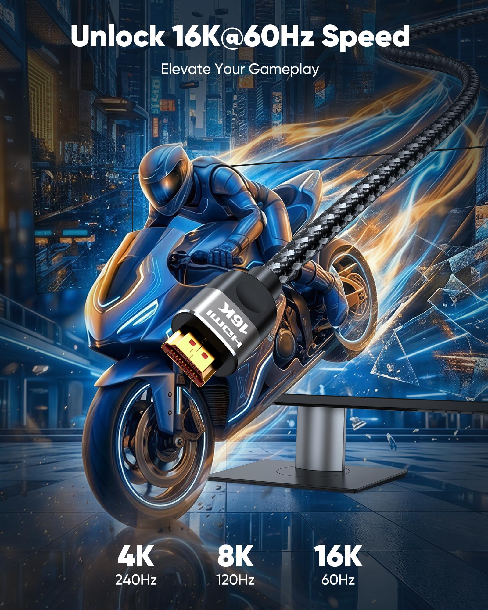 Highwings Cable HDMI 16K 8K 2.2 6.6 pies, cable HDMI de alta velocidad de 96 Gbps de última generación, compatible con juegos de 16 K a 60 Hz, 8 K a 120 Hz, 4K a 240 Hz, a prueba de futuro, eARC++