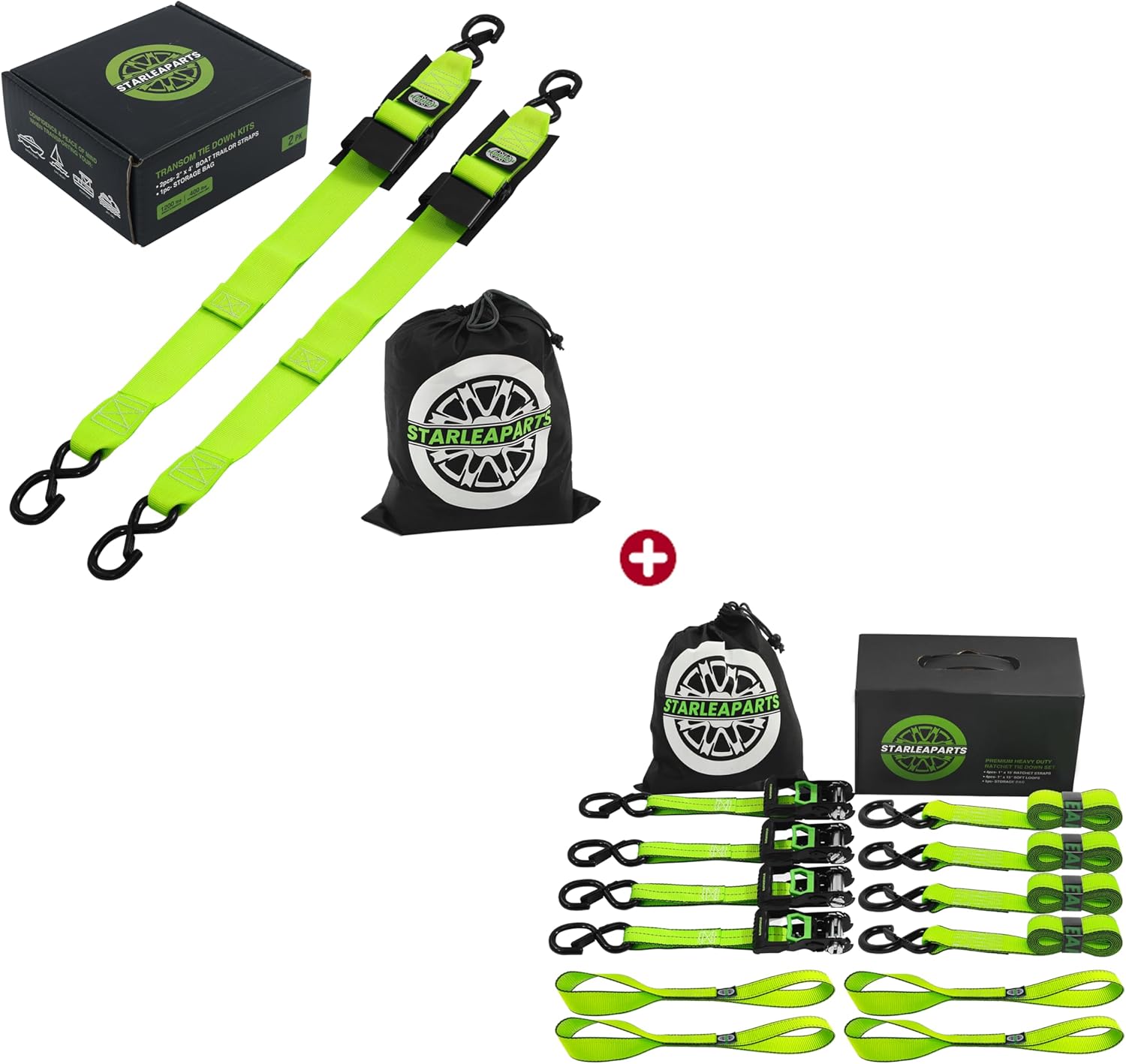 tarLeaparts Transom Tie Down Kits (2PK) -2" x 4' Boat Transom Straps - 1,200lb Guarantee Break Strength with StarLeaparts Motorcycle Tie Down Strap (4PK) - 2,100lb