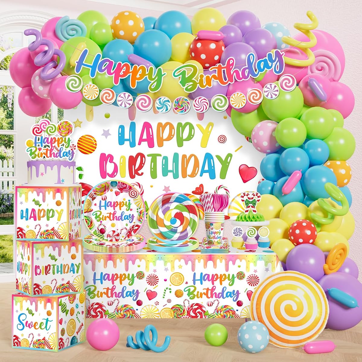 Cocomigo 281 piezas de decoraciones para fiestas Candyland, juego de fiesta todo en 1 para 25 | Las decoraciones de fiesta con temática de dulces para niños son fáciles de instalar, con vajilla, telón de fondo, pancarta, globos, manteles y más.