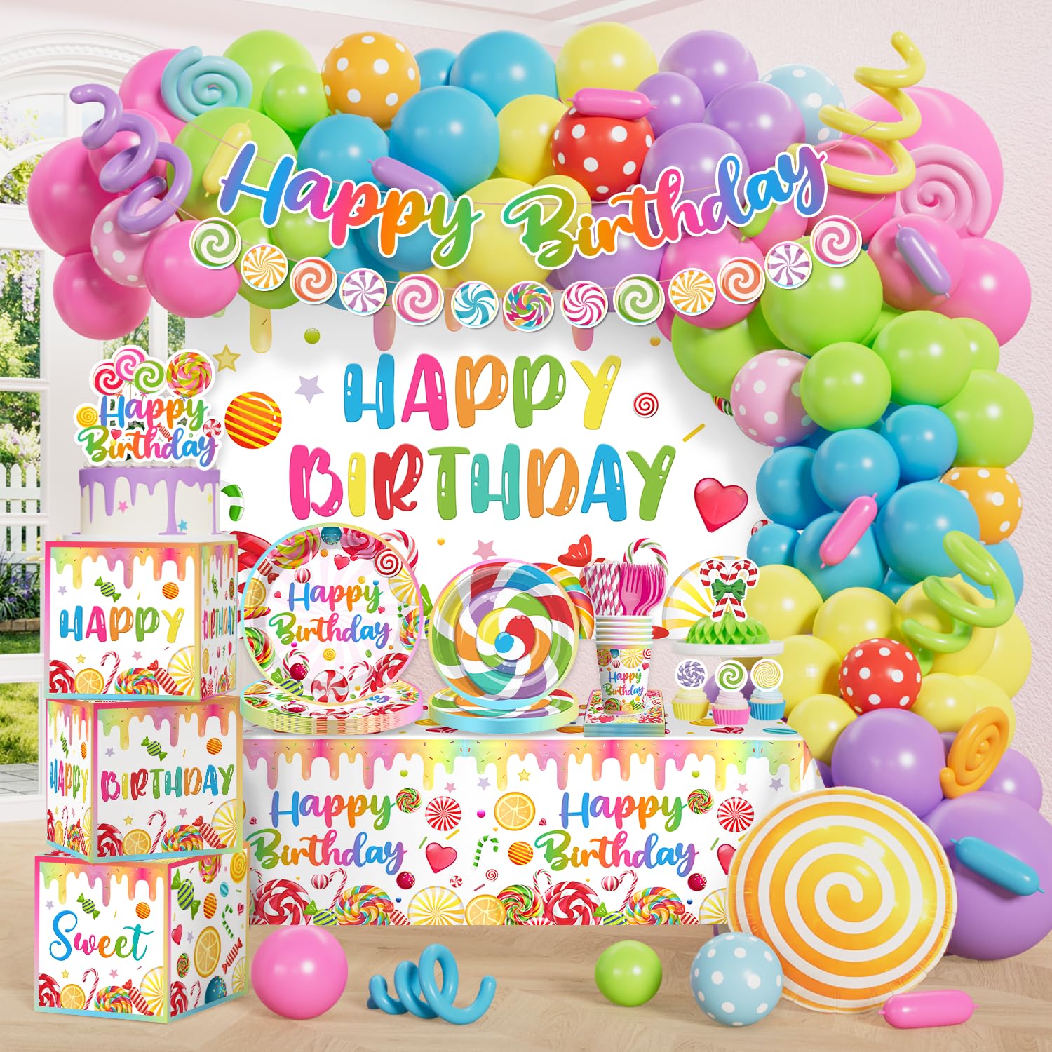 Cocomigo 281 Pcs Candyland Party Decorations, All-in-1 Party Set Serves 25 | Candy themed party decorations for kids are easy to setup, with tableware, backdrop, banner, balloons, tablecloths and more