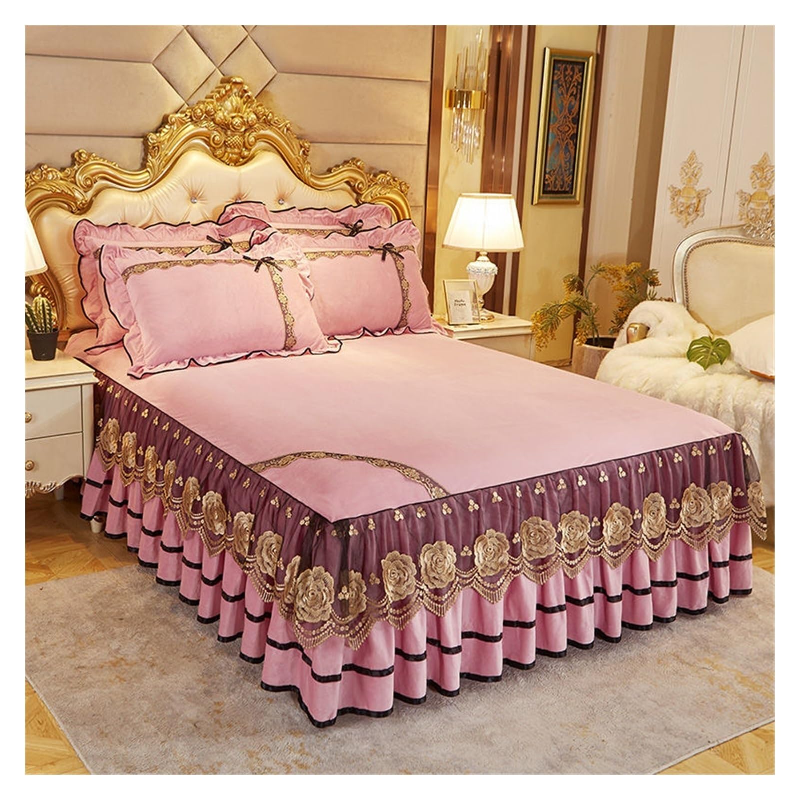 WENYOG Bed skirts Luxury Bedspread On The Bed Wedding Bed Sheet Lace Bed Cover Blanket Fabric King Queen Size Bed Skirt With Pillowcases(Pink,3pcs 120x200cm)