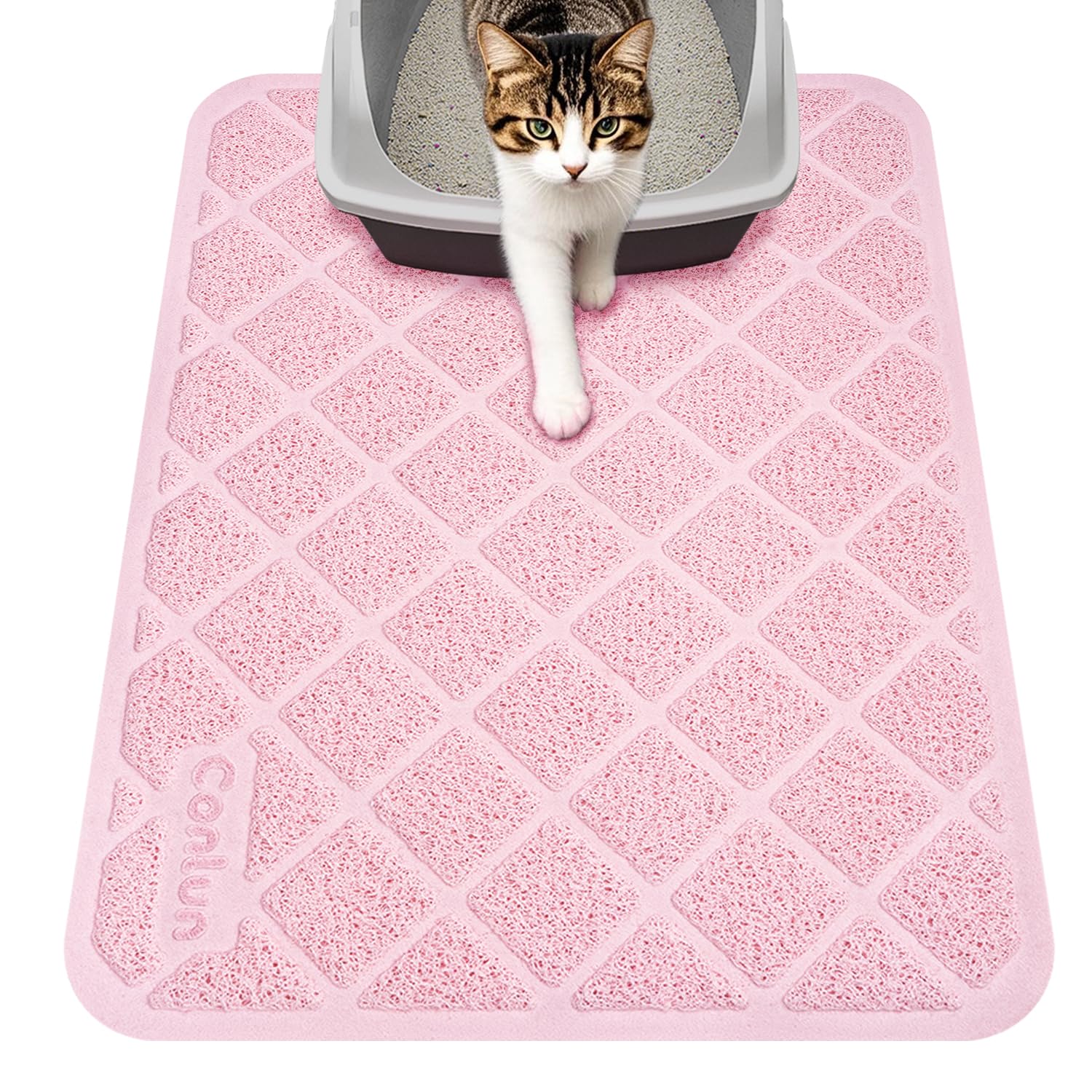 Conlun Cat Litter Mat Litter Trapping Mat, 24" x 17" Premium Durable PVC Grid Mesh with Scatter Control, Non-slip, Less Waste Cat Litter Box Mat, Pink