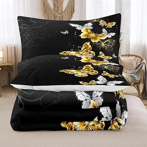 Miniatura 3 de NINENINE Juego de edredón negro y dorado tamaño Queen para niñas, niños y mujeres, juegos de ropa de cama de mariposa plateado dorado con 1 edredón