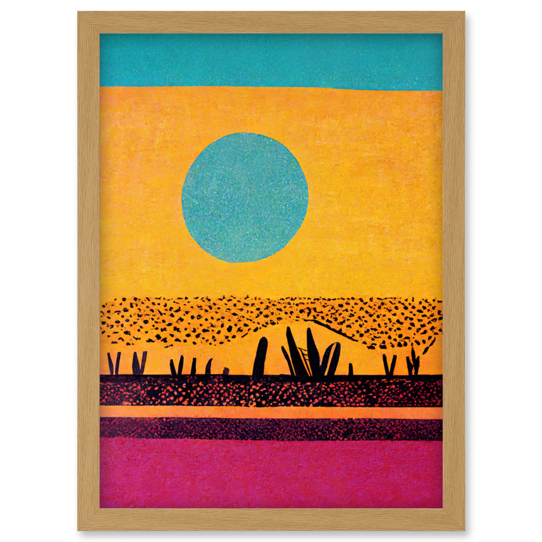 Wee Blue Coo Desert Roadside Oasis Modern Pop Art Surreal Landscape Artwork Framed Wall Art Print A4