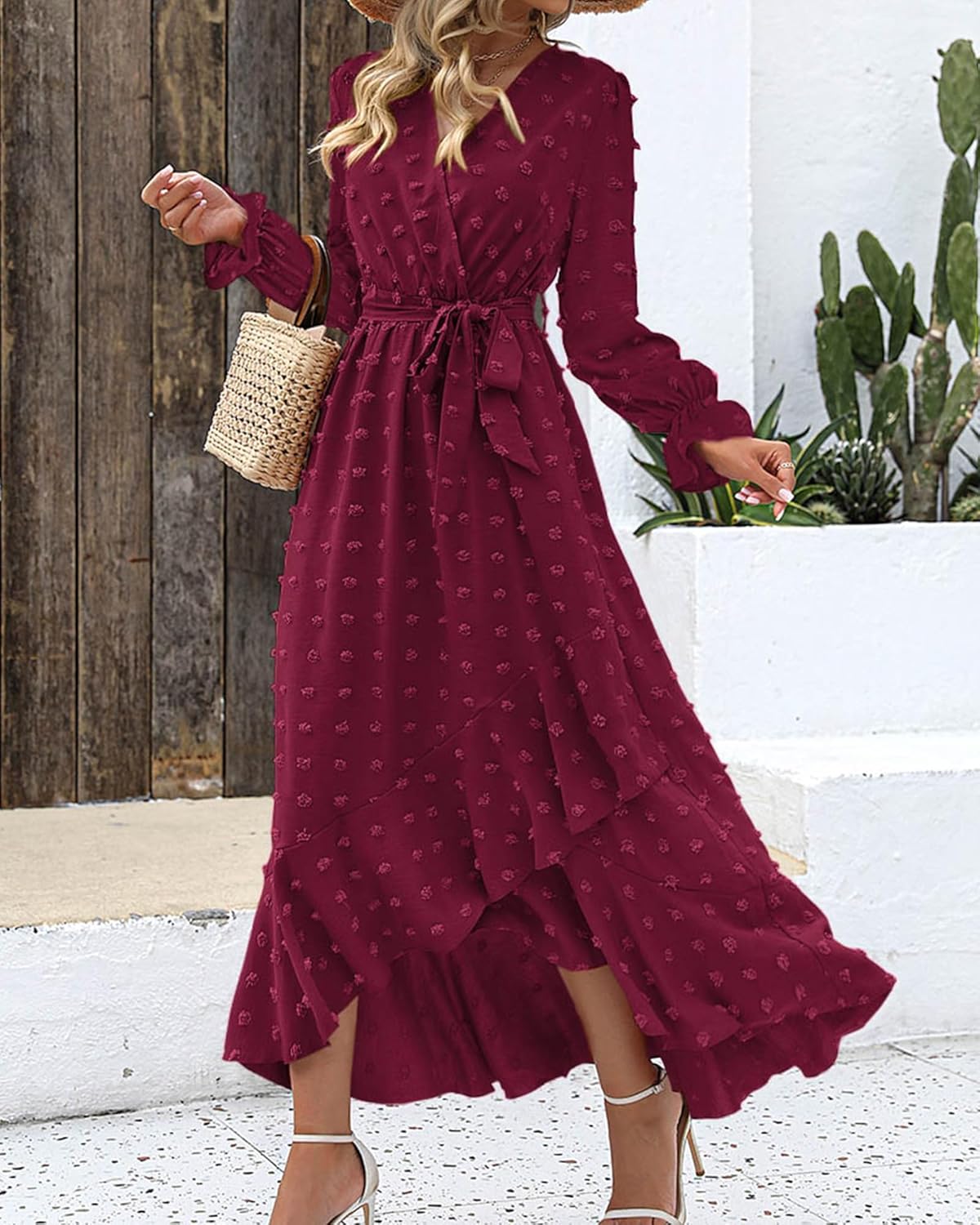 BTFBM Long Sleeve Maxi Dresses for Women Swiss Dot Boho Flowy Slit Cocktail Wedding Guest Dress Spring Clothes 2026 - Image 2