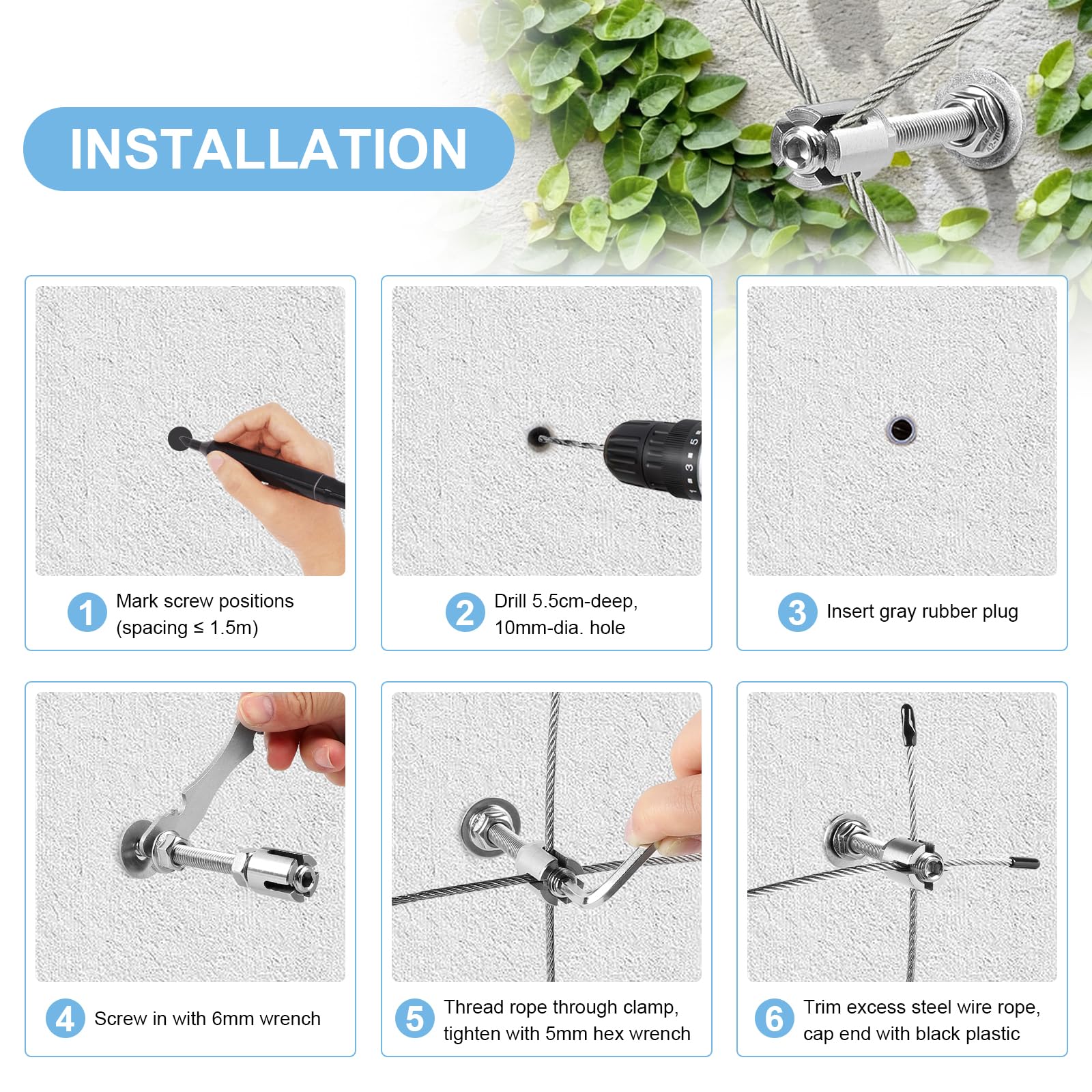 EXLECO Enrejado de Alambre Plantas Trepadoras, Kit de Enrejado de Alambre de Acero Inoxidable 316 con 8 Soportes & Cuerda 12M x 3mm, Soporte para Plantas Trepadoras Pared para Rosas Vides Tomates