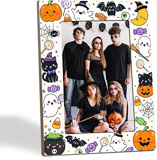 4x6 Halloween Picture Frame, Cute Pumpkin Ghost Doodles Wooden Photo Frame with Stand, Colorful Candy Border Photo Holder for Kids Party, Nursery Shelf , Halloween Party Decorations & Gifts - A07
