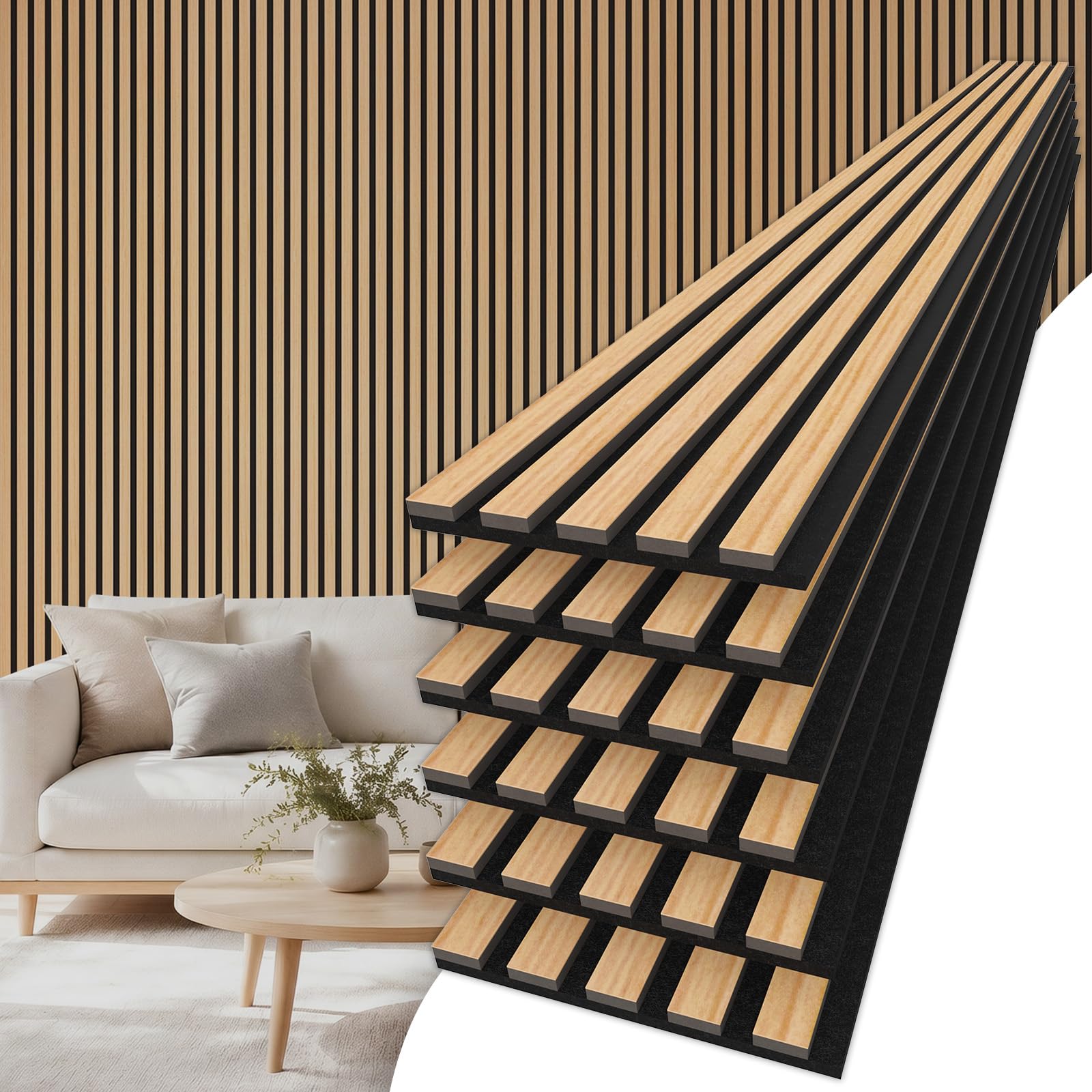 TONOR Drewniane panele akustyczne, 6 sztuk 240 x 20 cm – 2,88 m², panele ścienne, drewniane panele ścienne jako płyty wygłuszające, dekoracja ścienna z drewnianych lameli, izolacja akustyczna, do