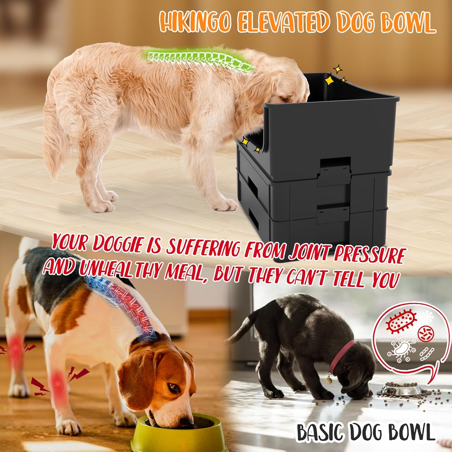 Mess Proof Pet Bowls, No Mess Dog Food and Water Bowl, Pet Feeding Station with 2 Stainless Steel, Spill-Proof Pet Feeder for Medium and Large Dog, Black