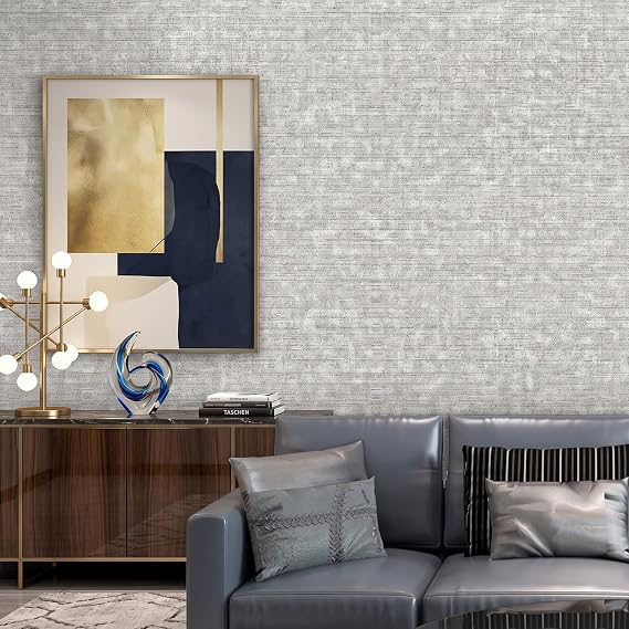 Baketron Light Grey Beige Mix Plain Thick Linen Textured Wallpaper Free No Match Striped Wallpaper for Adults Kids Bedroom Living Room Lounge Hallway and Stairs (Beige Grey)