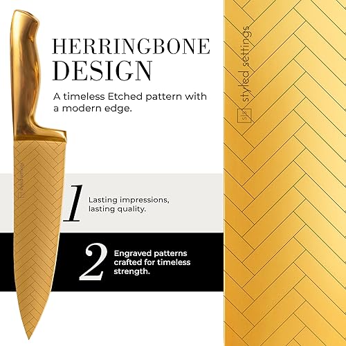 Miniatura 2 de Juego de cuchillos dorados para cocina, 14 piezas, cuchillas recubiertas de titanio con patrón de hojas grabadas, acero inoxidable ultra afilado,