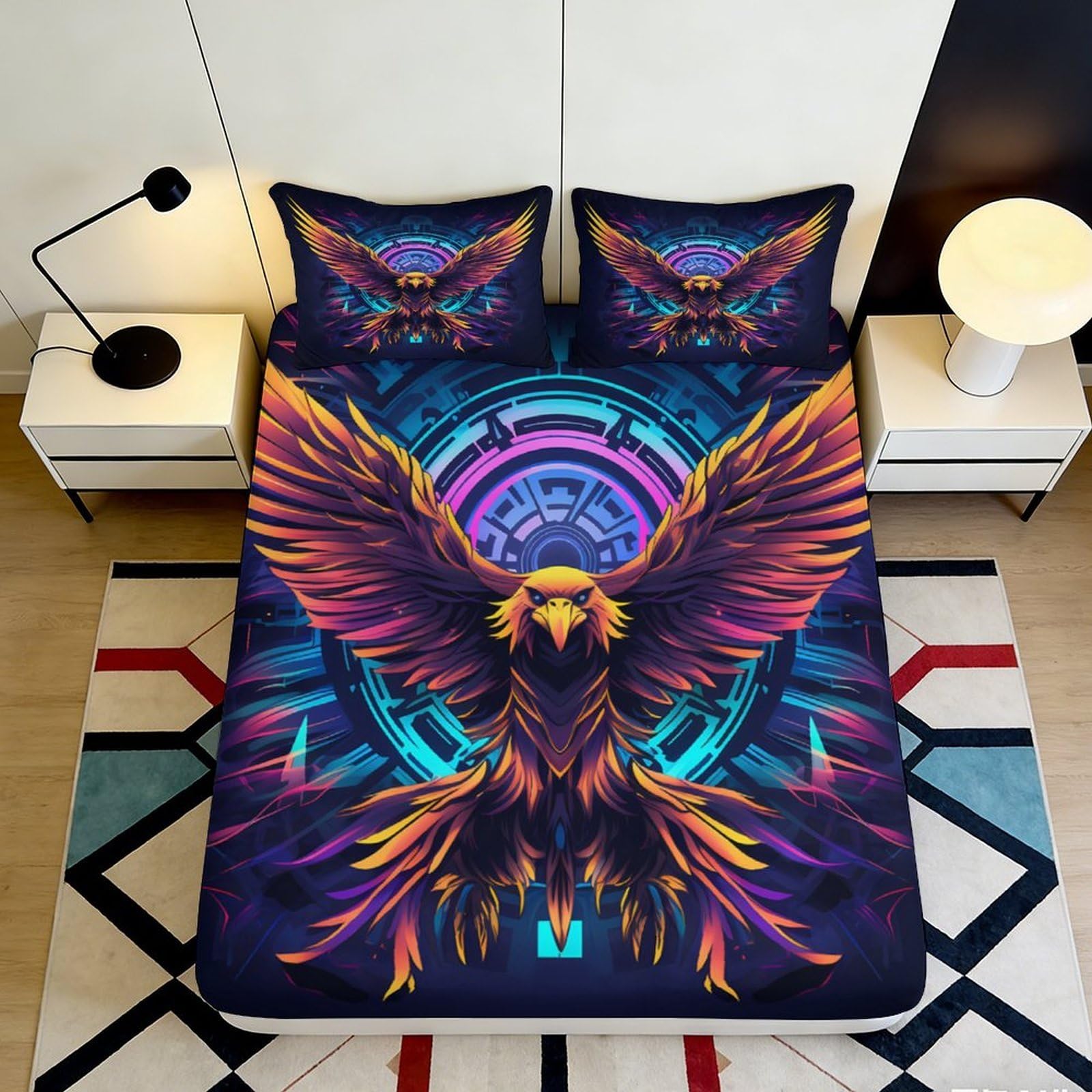 Dhbaneiok Style-6 3D Printed Neon Eagle Fitted Sheet Microfiber Soft Vibrant Abstract Wings Mattress Cover For Bedroom Dorm Decor Protection 90X200x25cm
