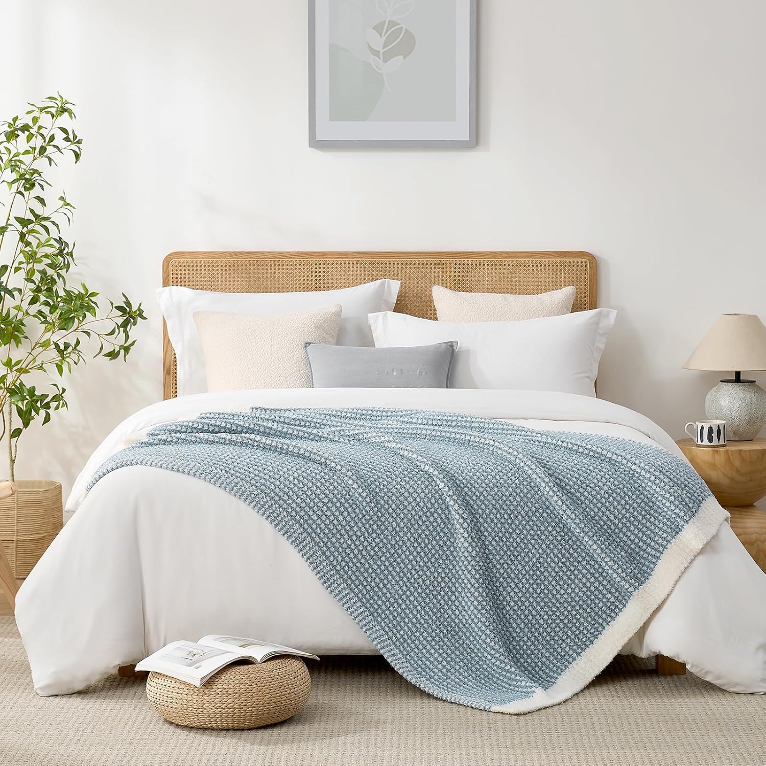 Snuggle Sac Ultra Soft Waffle Throw Blanket for Couch Bed Sofa 50x60 inches, Reversible Blue Cream Blanket Microfiber Fluffy Fuzzy Cozy Knit Soft Throws Birthday Gifts for Women - Image 6