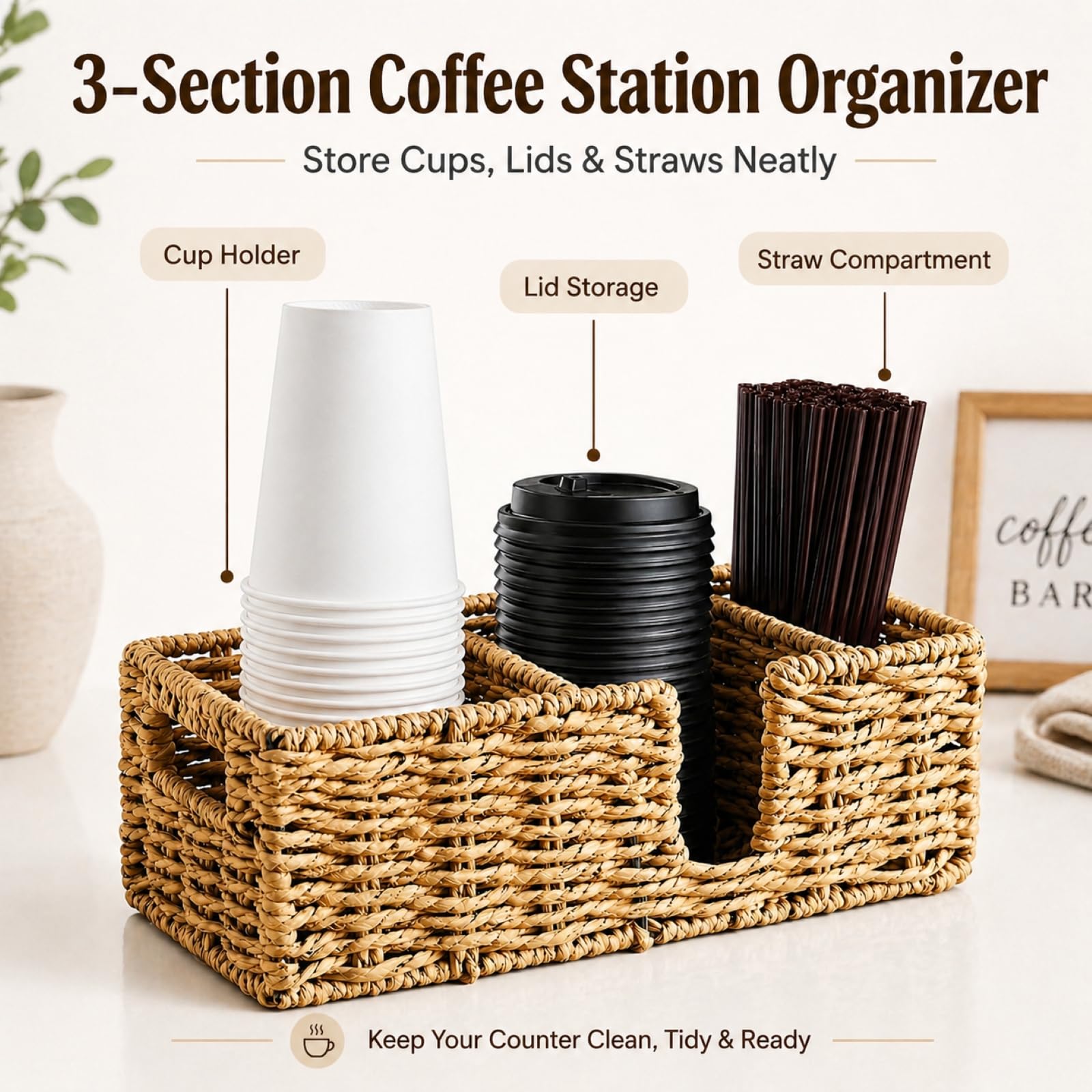 Portabicchieri da caffè e paglia, cestino da appoggio in tessuto a 3 scomparti con manici laterali, tazza e coperchio per bicchieri di carta, agitatori, accessori per bar, casa e ufficio