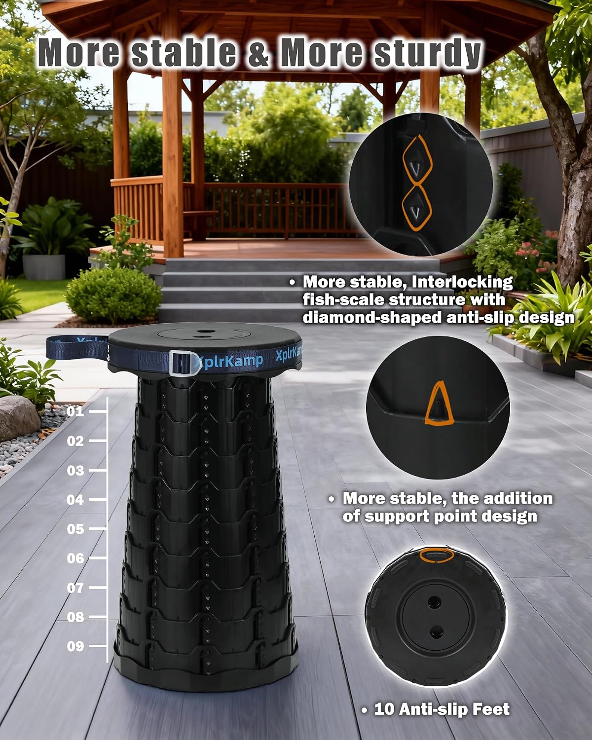 Portable Collapsible Stool Chair, Lightweight Folding Camping Stools for Adults 600LBS, Adjustable Retractable Foldable Seat for Backpack, Travel, Black