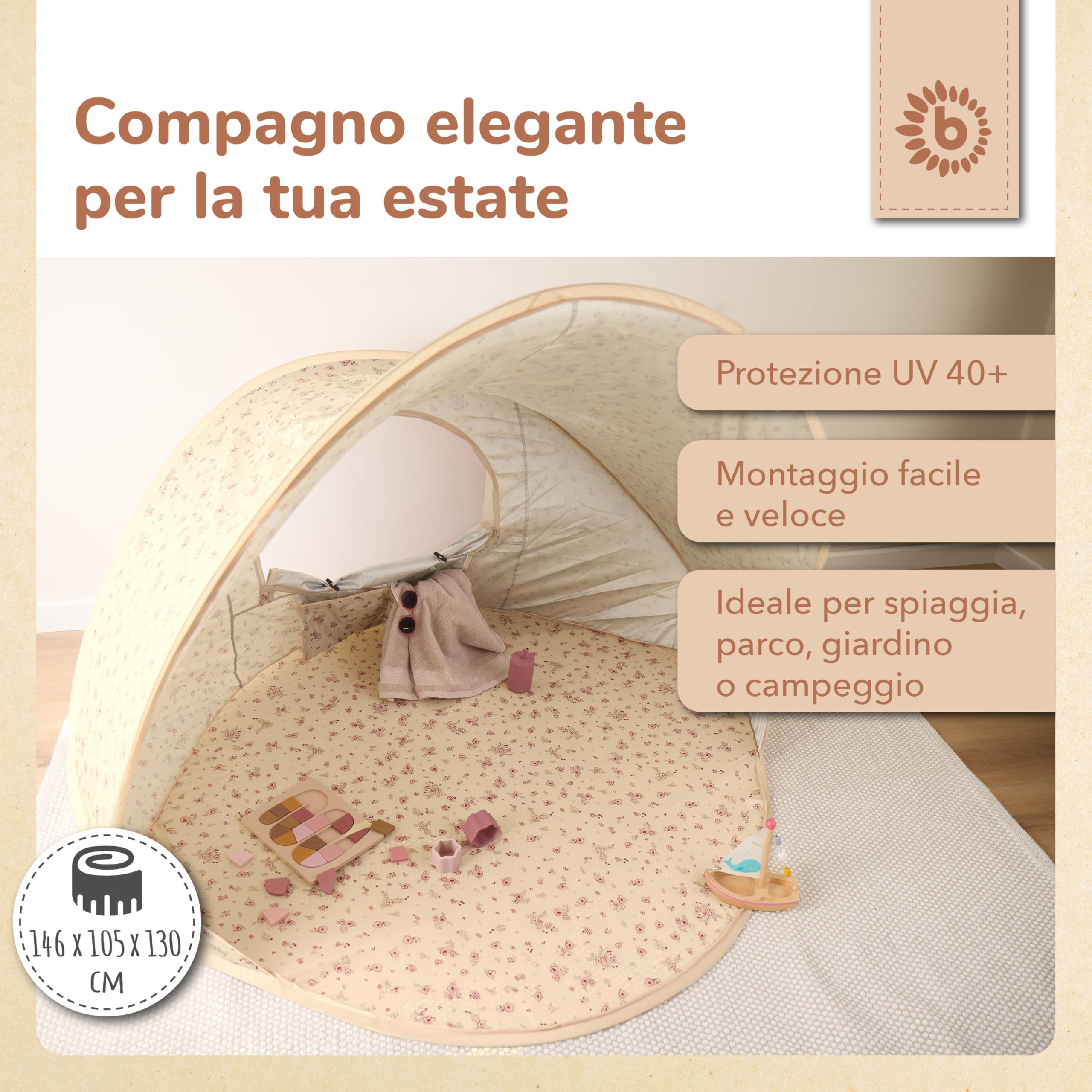 Bieco Ella Tenda da Spiaggia Pop-up Vintage Flowers con Protezione UV 40+ | Tende Pop-up per Bambini per Viaggio