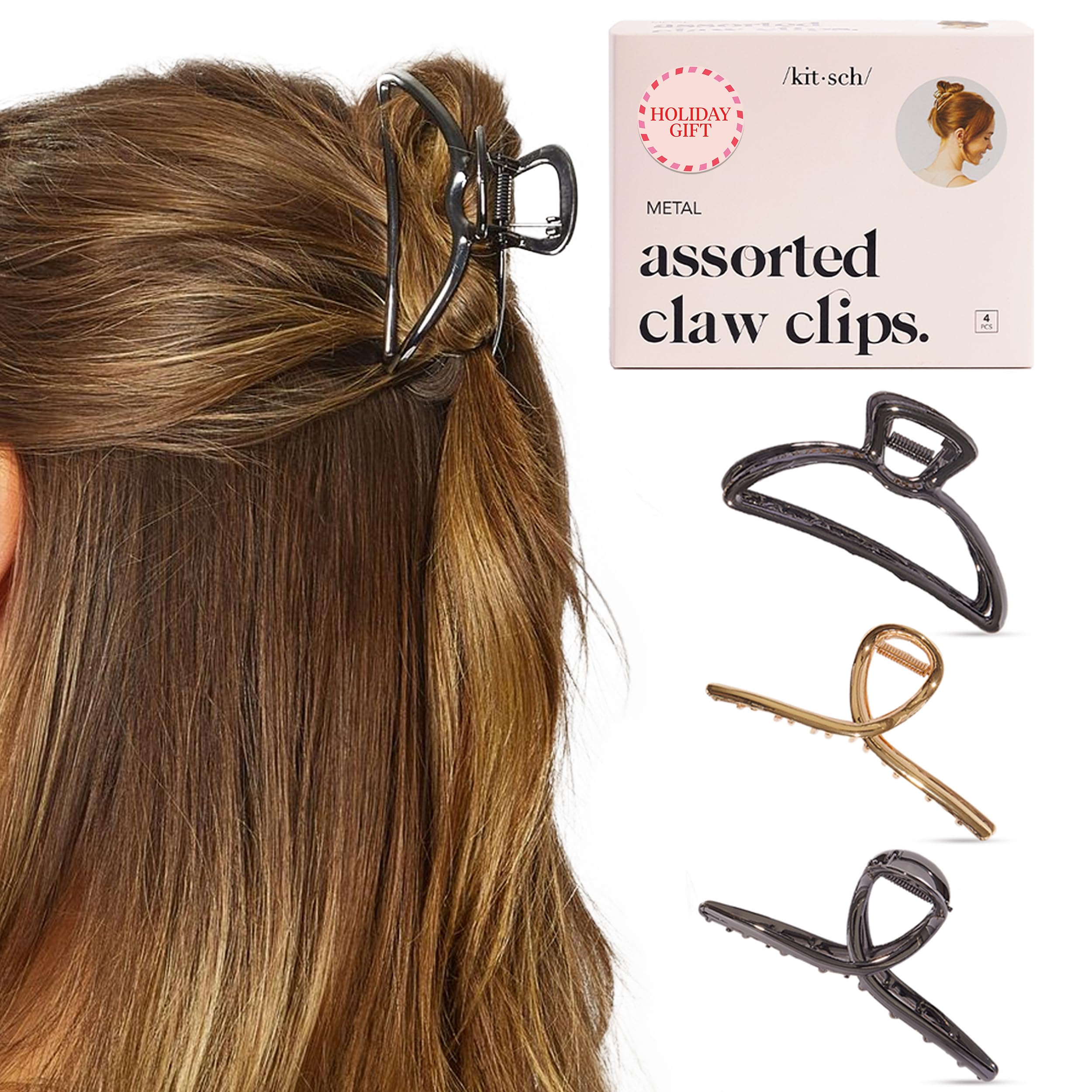 Kitsch Metal Hair Claw Clips Set | Assorted Hair Accessories in Gold & Hematite | Durable Clips for Women | Elegant Hair Claws for Everyday Use & Special Occasions | Medium Claw Clips - 4-Piece