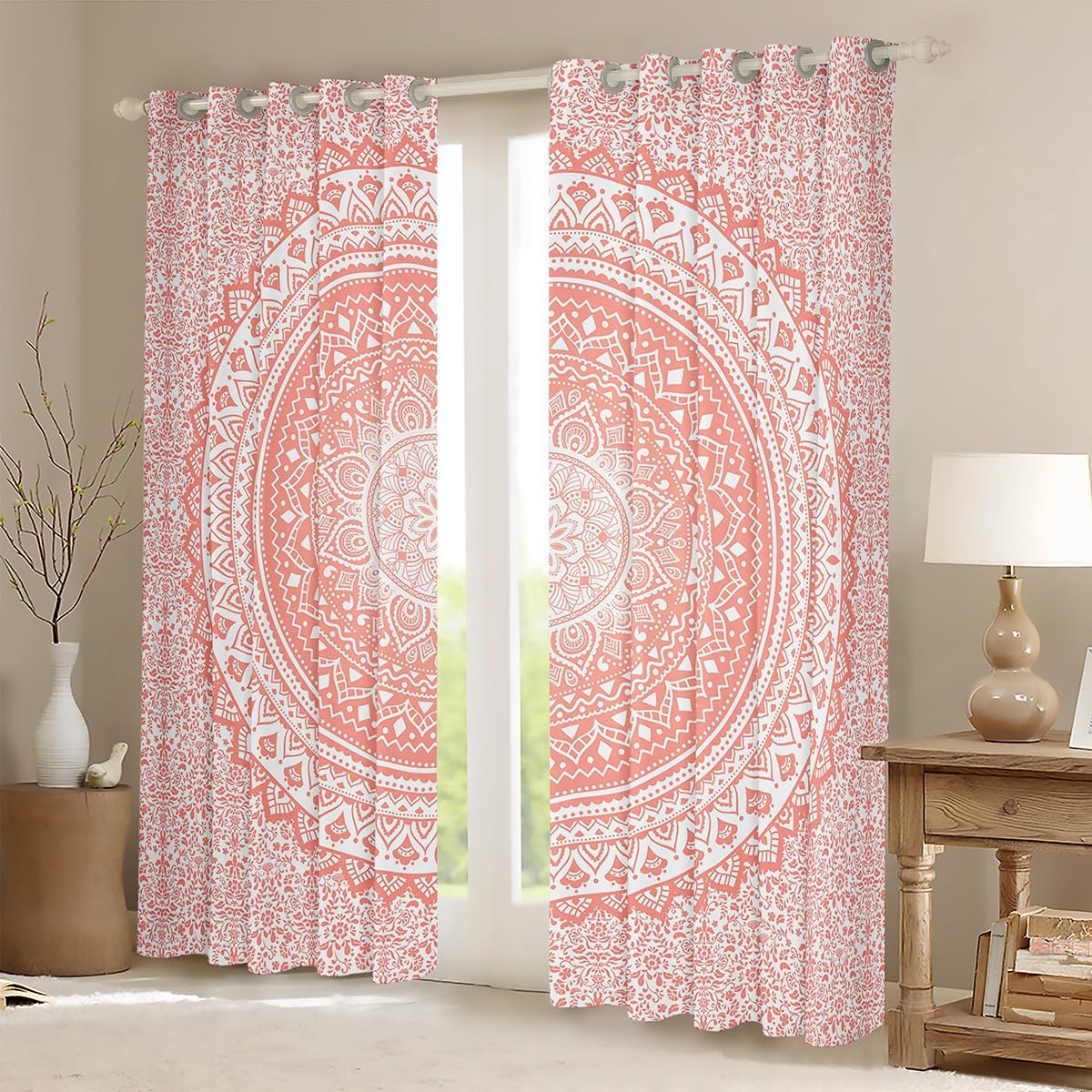 Mandala Boho Window Curtains,Pink Bohemian Curtain,Psychedelic Window Drapes for Kid Teens Boys Young Man,Modern Bedroom Decorative,Chic Exotic Curtain,52Wx63L