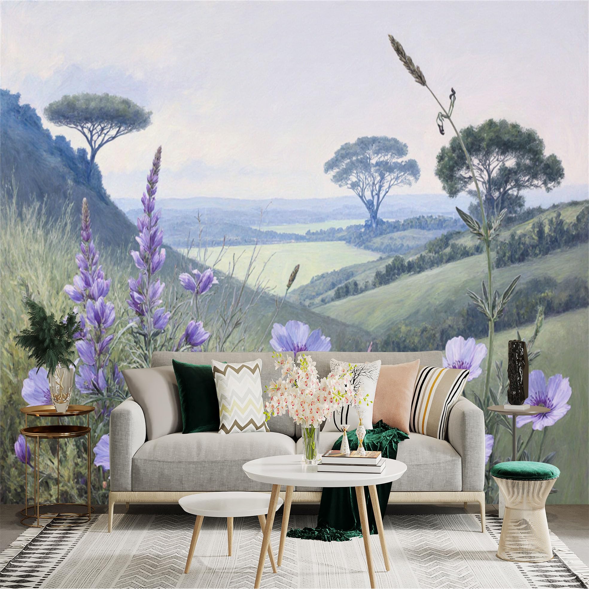 Custom Size Wall Sticker Mural， Lavender Wildflowers in Green Hills and Distant Trees Landscape， for wall Decoration， peelandstick wall Decals.