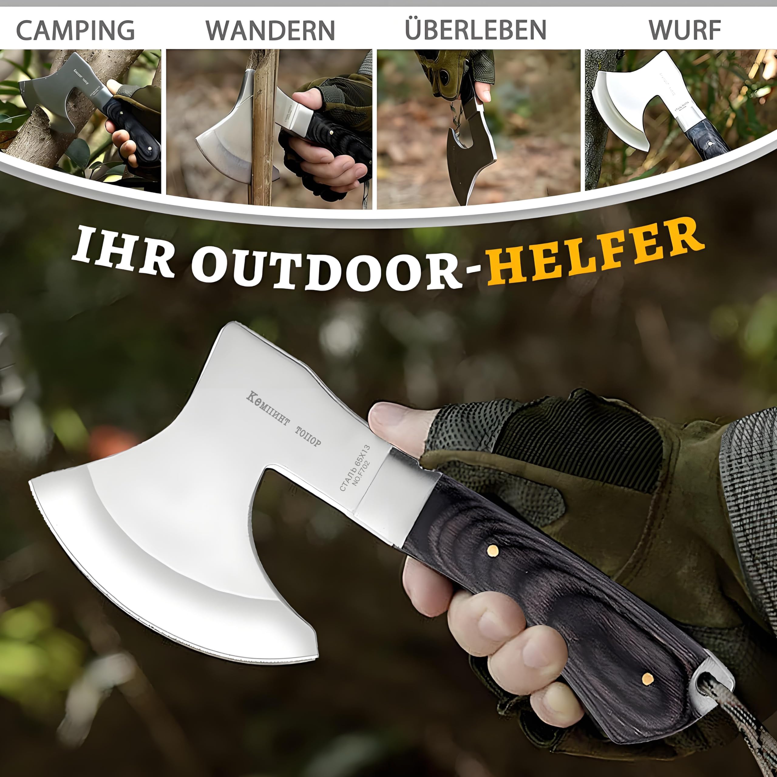 Omesio Hacha Mini Outdoor - 19,3 cm Full - Tang, Ideal para Camping, Supervivencia y Cortar Madera - Robusta (C043)