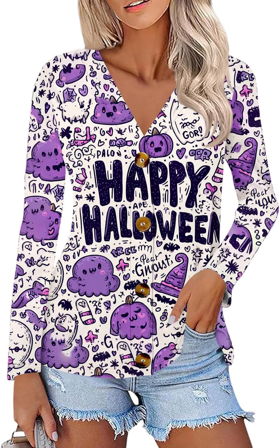 Womens Halloween Long Sleeve Button Down V Neck Shirts | Womens Spring Blouses And Tops Dressy, Womens Printed Tshirts, Boho Blouse for Women, Womens Clothes Tank