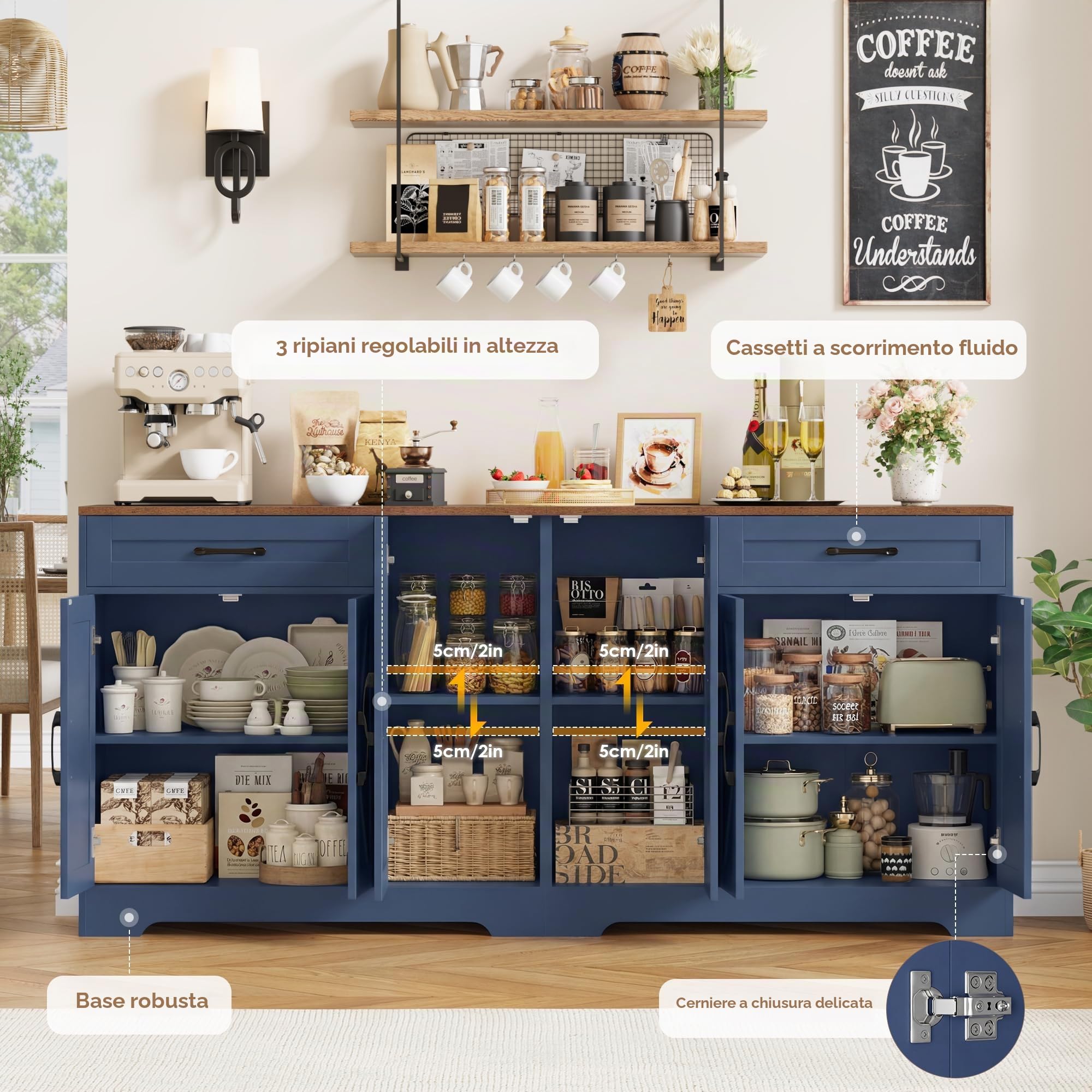 HOCSOK Credenza Cucina, 180 cm Madia Cucina con 8 Scomparti Portaoggetti, Credenza Soggiorno con 2 Cassetti 6 Ante per Sala da Pranzo, Mobile TV, 180×87×34, Blu