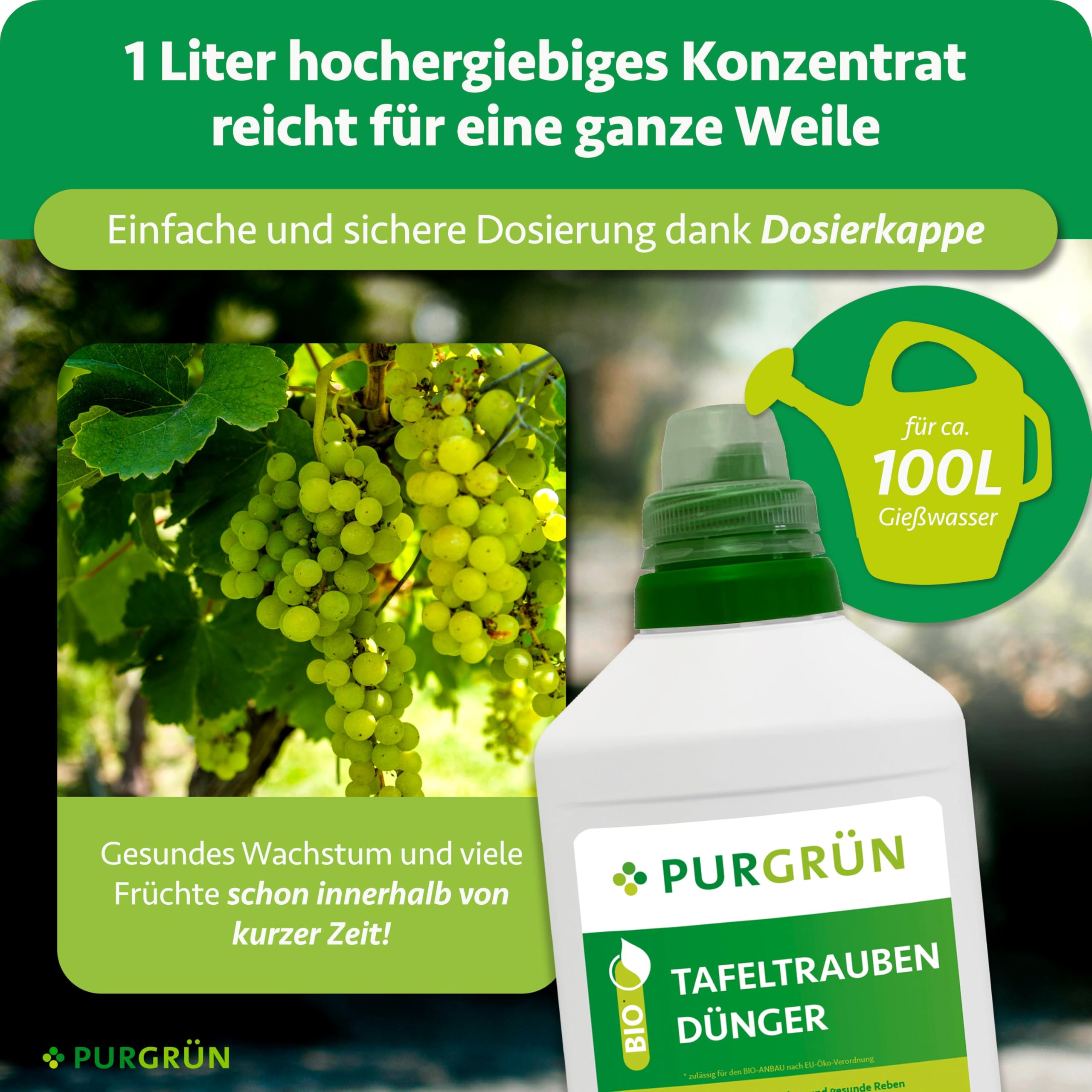 Bio-Tafeltrauben-Dünger 1 Liter – Organische Rezeptur – Premium-Flüssigdünger – NPK 4+1+7 – Mit Algenextrakt & Vinasse – Extra Kalium für saftig süße Trauben – Ohne tierische Inhaltsstoffe
