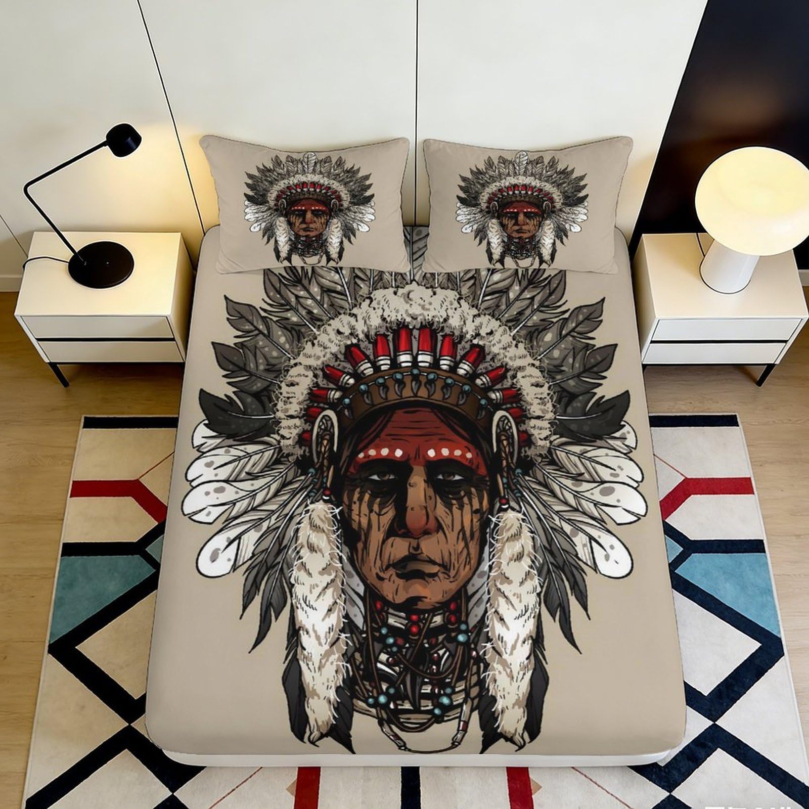 Pnayamiorkfel Style-6 3D Printed Native Headdress Fitted Sheet Microfiber Soft Breathable Tribal Feather Bed Cover For Bedroom Decor 90X200x25cm