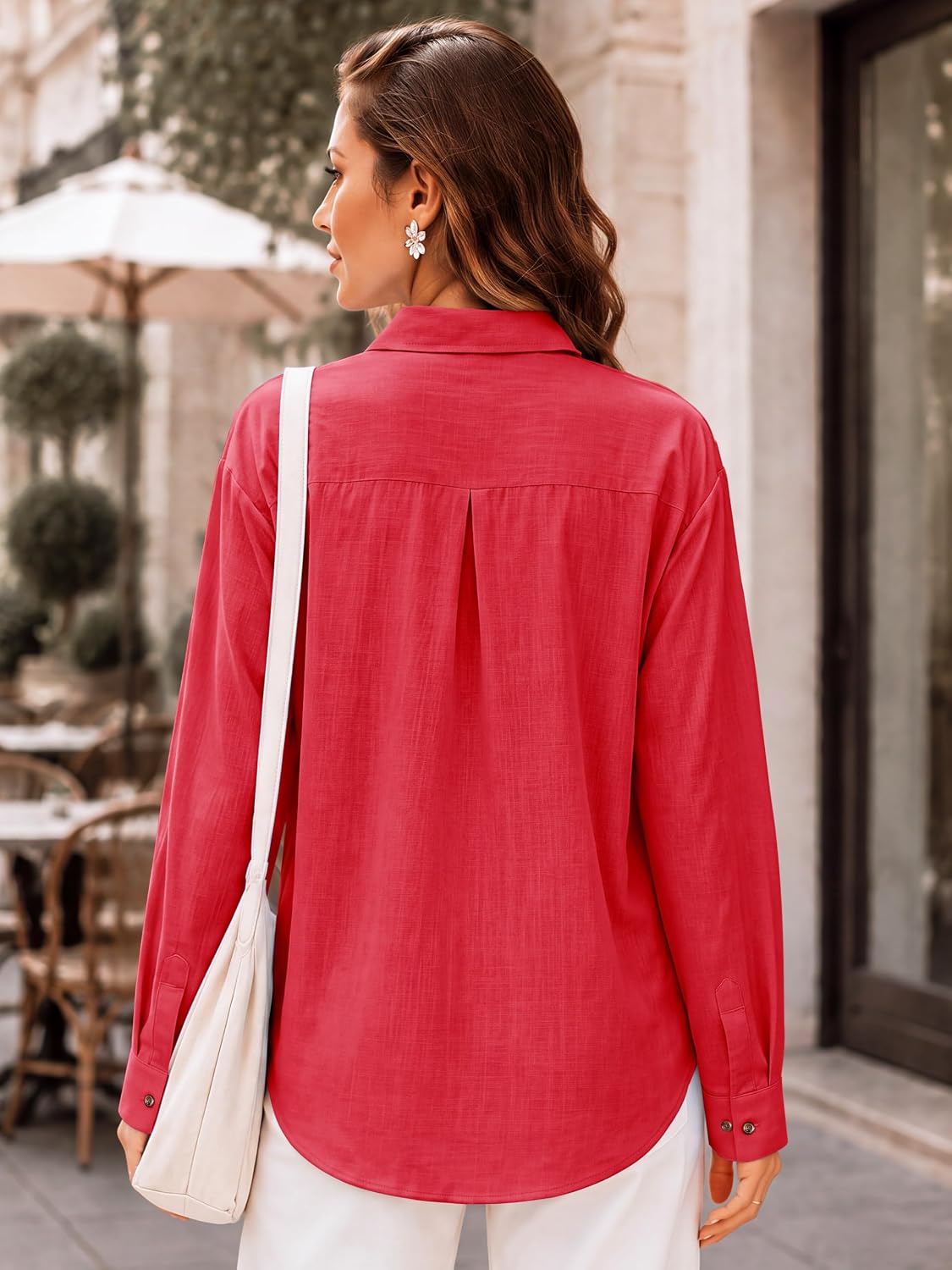 CUNLIN Womens Cotton Linen Shirt Long Sleeve Button Down Collared Blouses Dressy Casual Gauze Tops with Pocket Breathable