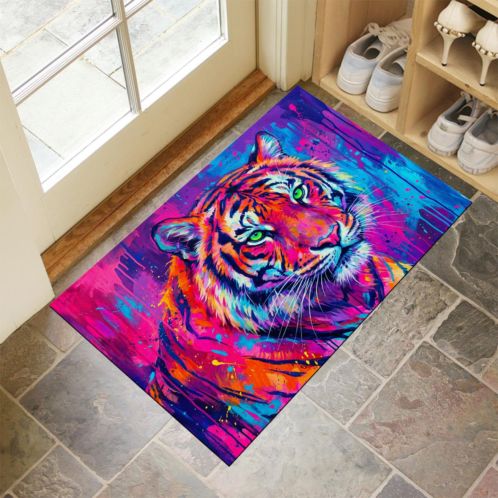 Zerbino Interni Animale Schizzi D'Inchiostro Fantastici 60X90Cm, Antiscivolo Lavabile, Tappeto Da Ingresso Tigre Del Pop Strada, Tappetino Pelo Basso Antipelo Per Porta D’Ingresso, Rosso