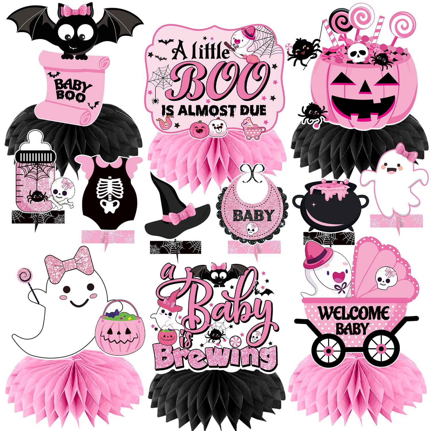 Biswiter 12Psc A Little Boo is Almost Due Baby Shower Centerpieces, Little Boo Baby Shower Decorations, Pink Halloween a Baby is Brewing, Halloween Baby Decorations for Girl
