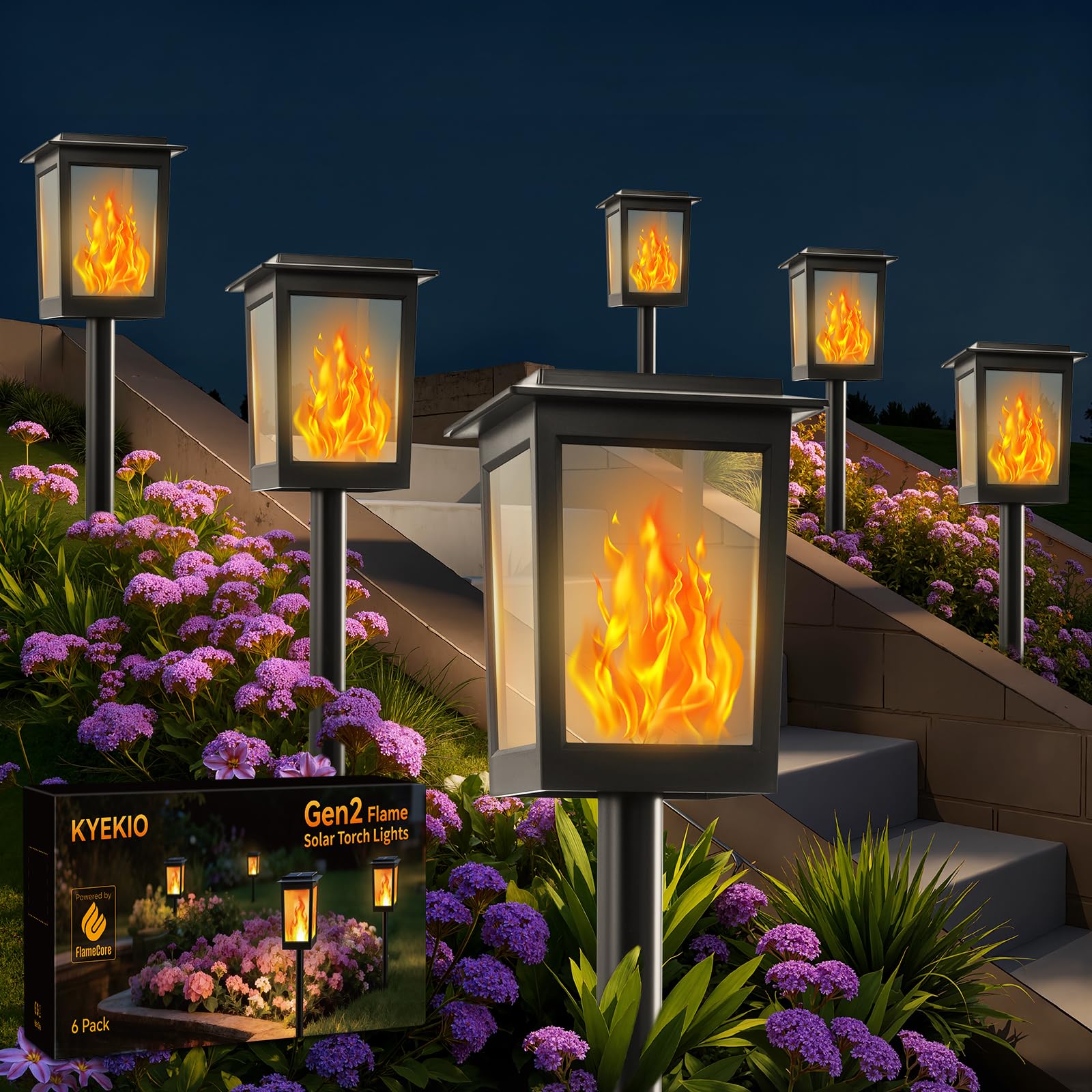 Photo 1 of KYEKIO Large Size & Gen2 Flickering Flame Solar Torch Lights, 6Pack Solar Lights Outdoor Waterproof for Outdoor Decor, Garden Lights Solar Powered, Tiki Torches for Outside Pathway Patio Yard Décor