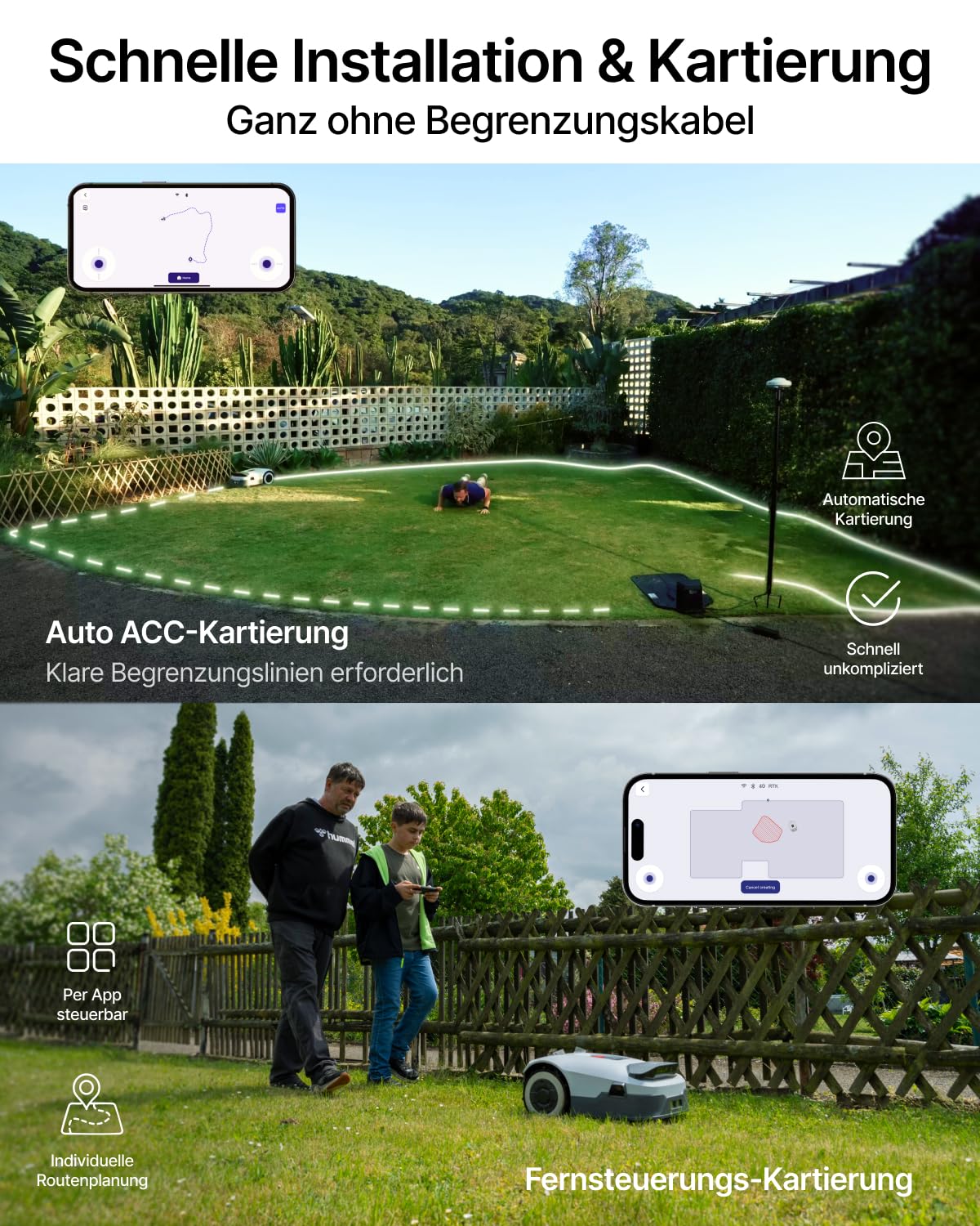 ANTHBOT Genie 600E Mähroboter ohne Begrenzungskabel, 600-900 m² | RTK + 4K KI-Vision, Automatische Kartierung, App & 4G Steuerung, Multi-Zonen, 45% Steigung, Hinderniserkennung