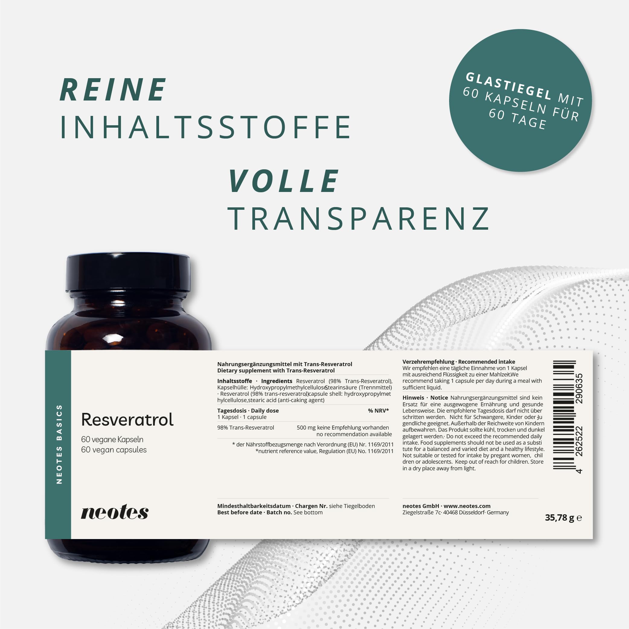 Trans-Resveratrol - 2 x 60 Kapseln | 500mg pro Kapsel 98% Pures Premium Resveratrol | Vegan & Glutenfrei - Ohne Gentechnik & Ohne Zusätze