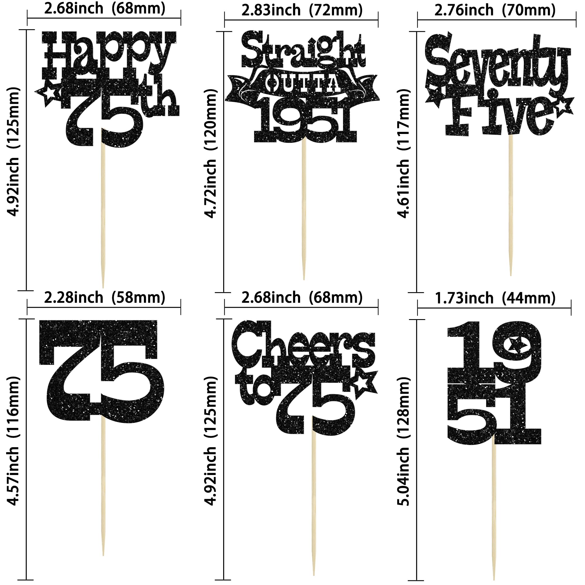 Ephlyn 30Pcs Straight Outta 1951 Cupcake Toppers Glitter Seventy Happy 75th Birthday Cupcake Picks Cheers to 75 Years Cake Decorations for Happy 75th Birthday Anniversary Party Supplies Black - Image 2
