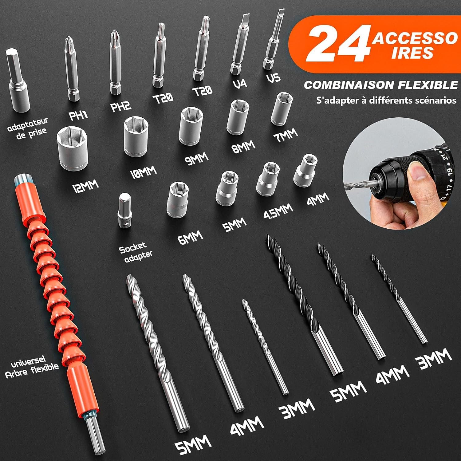 Akkuschrauber,21V Akku Bohrschrauber Set mit 2 Akkus 2.0Ah,Akkubohrer 55Nm Drehmoment,23+3 Drehmomentstufen,10mm Bohrfutter,2-Gang,LED-Licht,24tlg Zubehör und Koffer für Haus und Garten DIY Projekt
