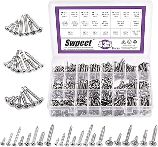 Swpeet 435Pcs 3 Types #6 #8 #10 SAE 304 Stainless Steel Round Pan Head and Phillips Flat Head Self Tapping Sheet Metal Screws Wood Screws with 410 Stainless Steel Truss Head Fast Self Tapping Screws Kit