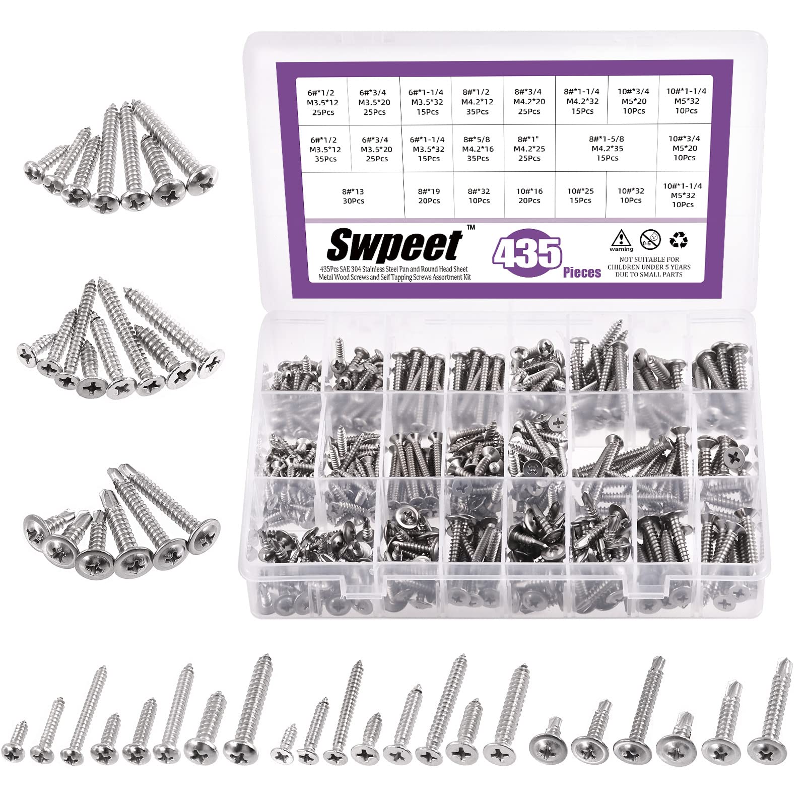 Swpeet 435Pcs 3 Types #6#8#10 SAE 304 Stainless Steel Round Pan Head and Phillips Flat Head Self Tapping Sheet Metal Screws Wood Screws with 410