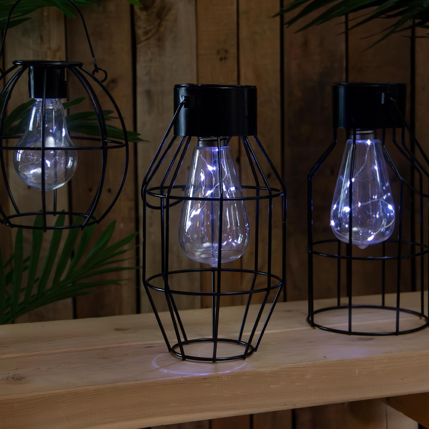 9.5" Black Geometric Oblong Outdoor Hanging Solar Lantern with Handle