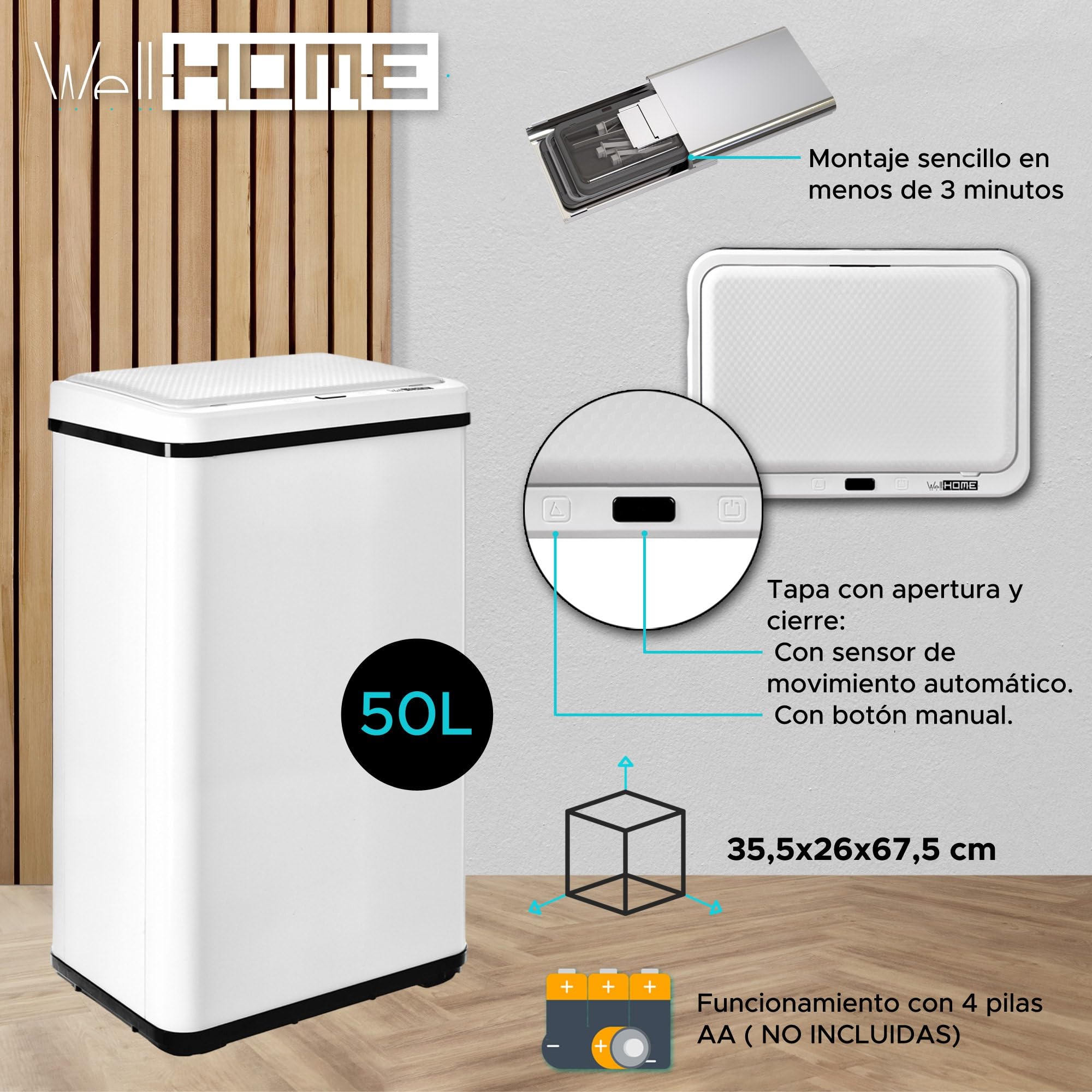 WELL HOME Vuilnisemmer 62 L (37 L 25 L) vuilnisemmer met 2 vakken, automatische opening met sensor, roestvrij staal, wit
