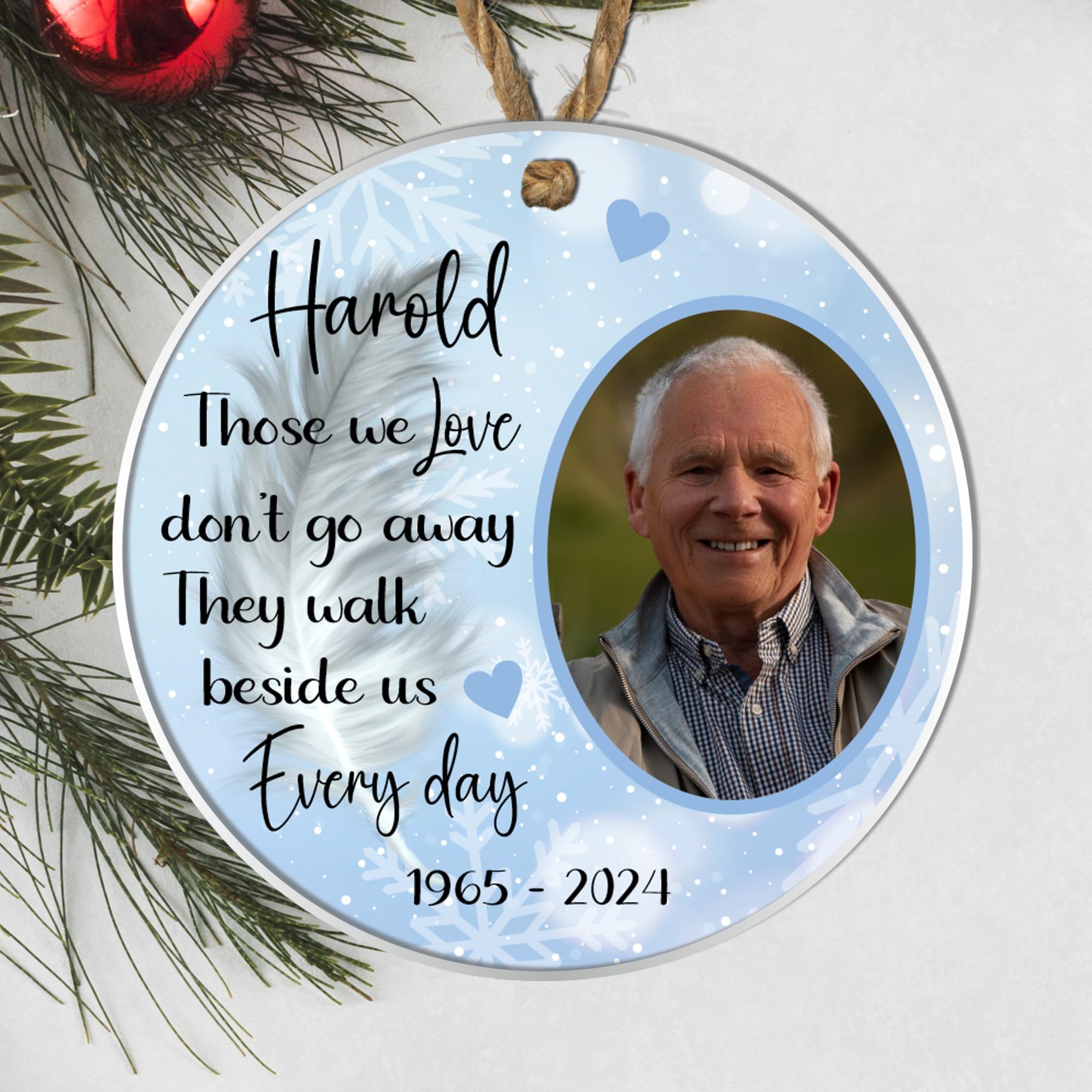 Personalised Memorial Bauble with Custom Photo - 'Those We Love Don't Go Away' Keepsake Ornament with Photo (Blue, Acrylic Indoor & Outdoor Use 9cm x 9cm)